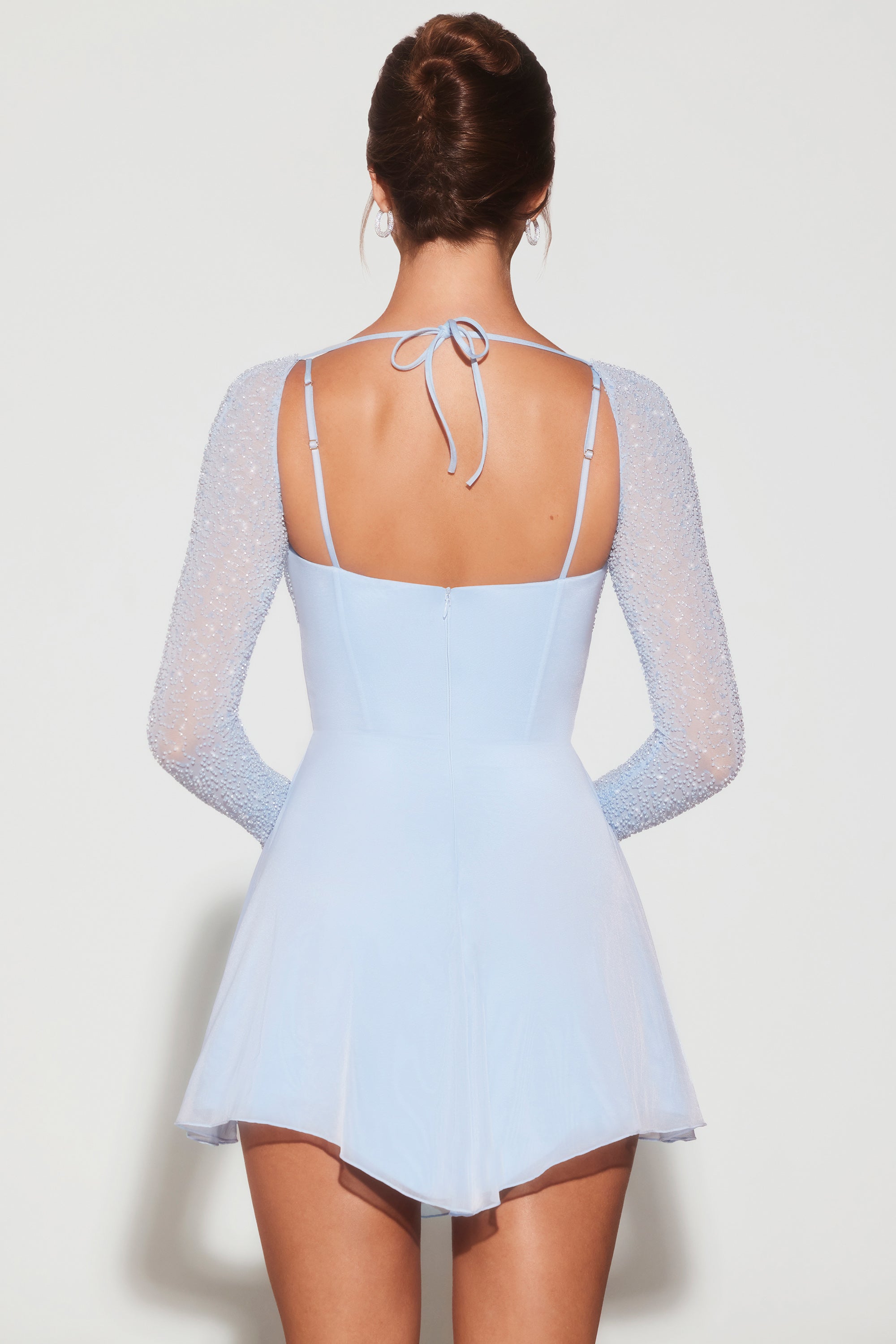 Naples Embellished V-Neck Long Sleeve Angled Hem Mini Dress in Blue - Image 2