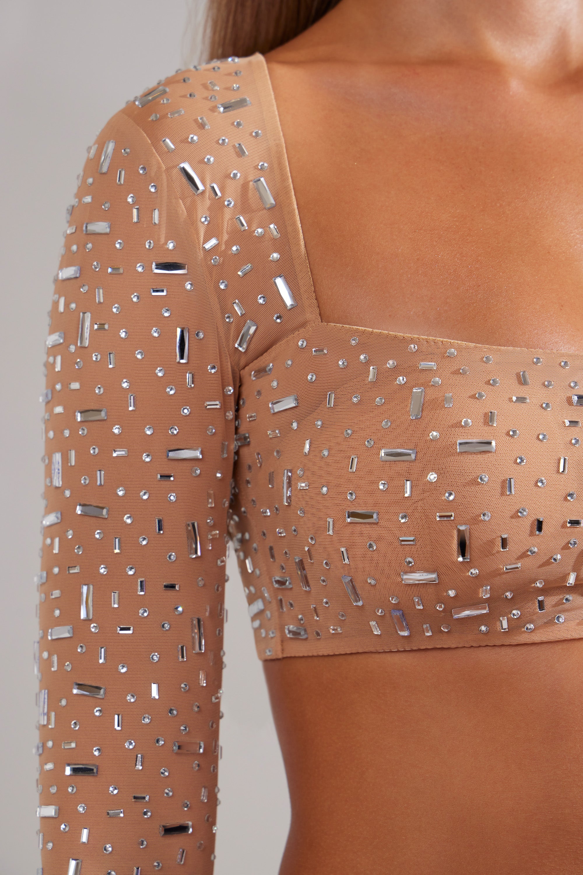 Giulia Sheer Embellished Long Sleeve Square Neck Crop Top in Almond - Image 4