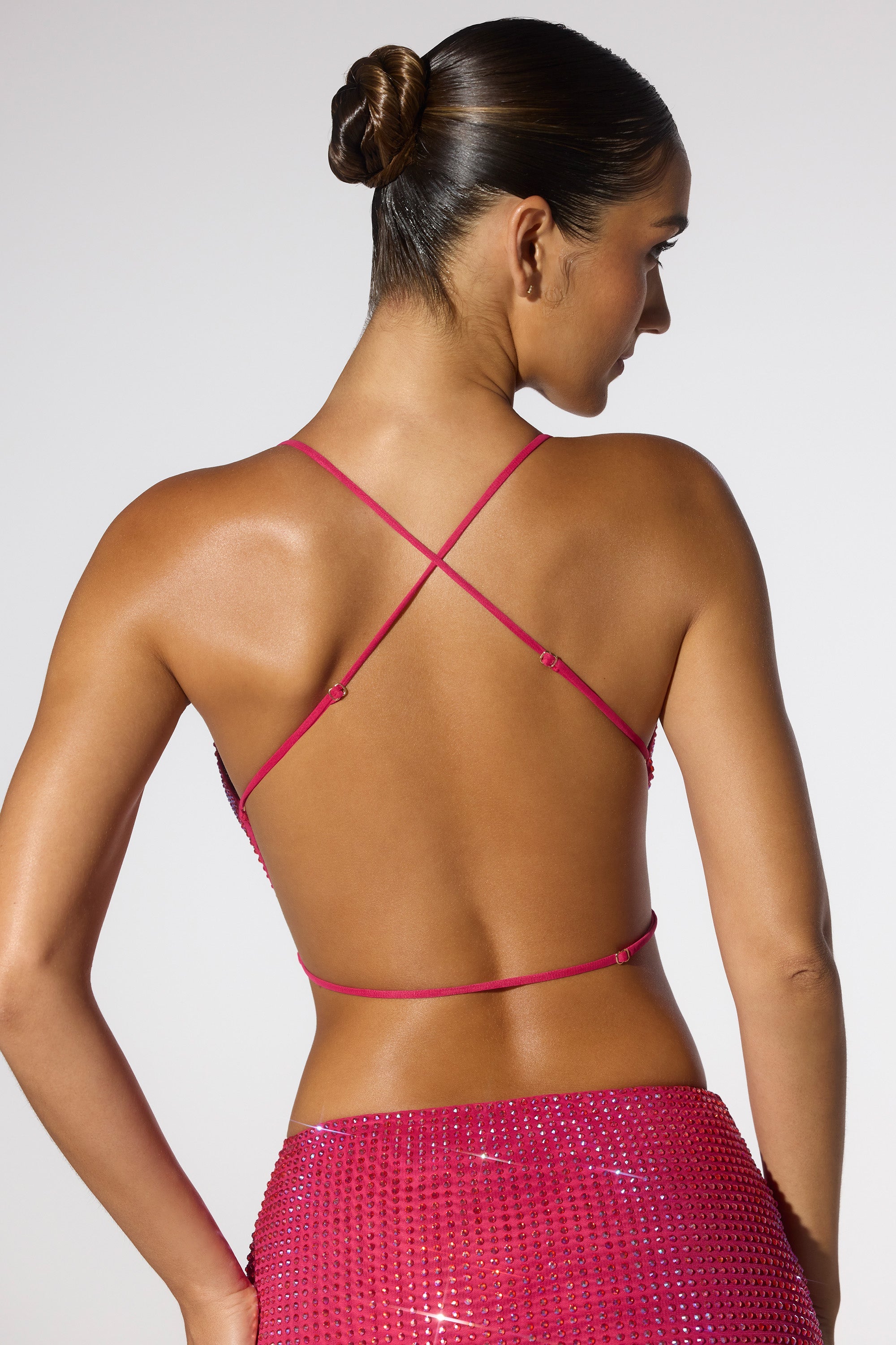 Rocco Embellished Cowl Neck Open Back Crop Top in Hot Pink - Image 2