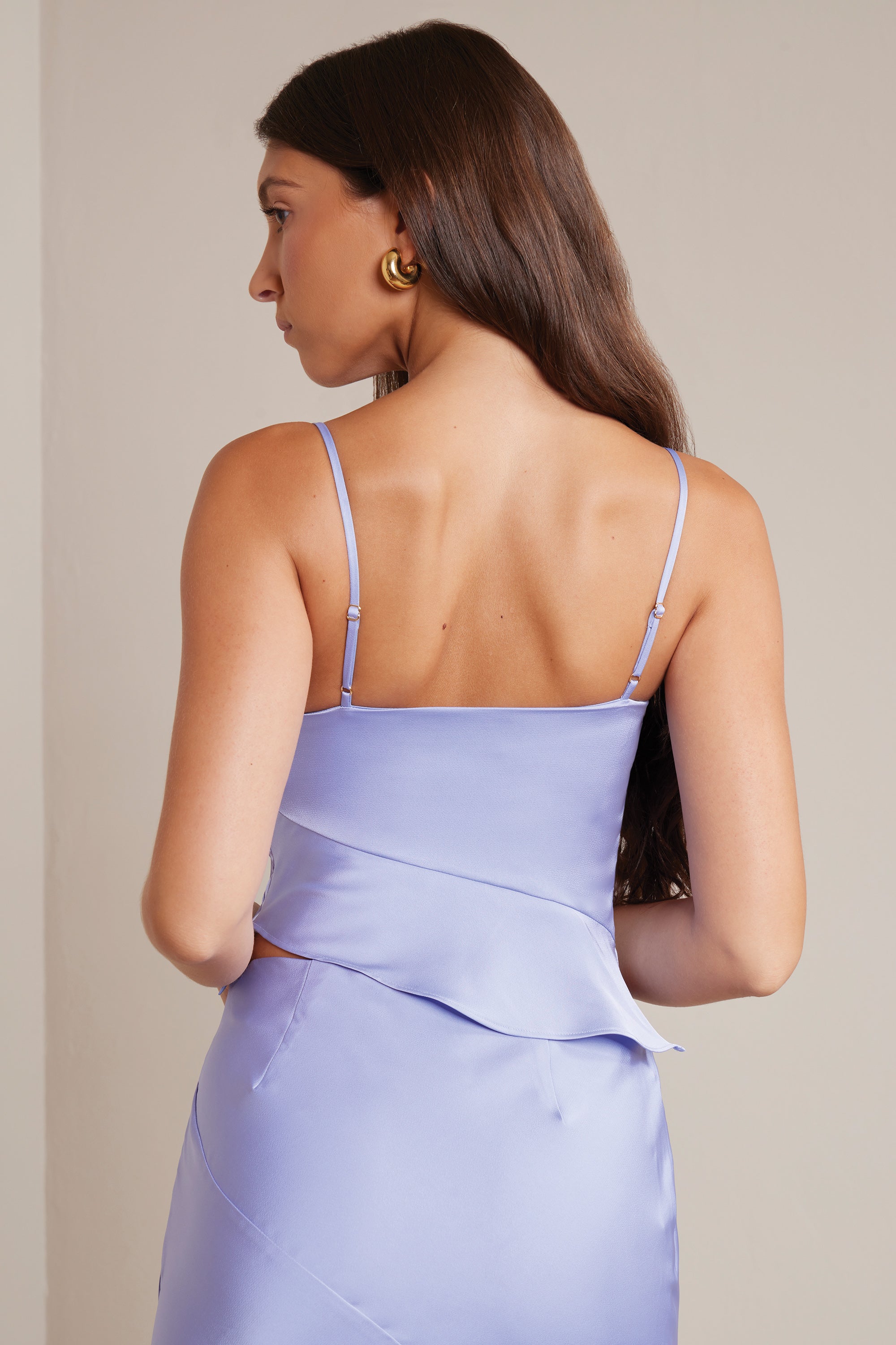 Nola Bias Cut Satin Cowl Neck Asymmetric Crop Top in Periwinkle - Image 2