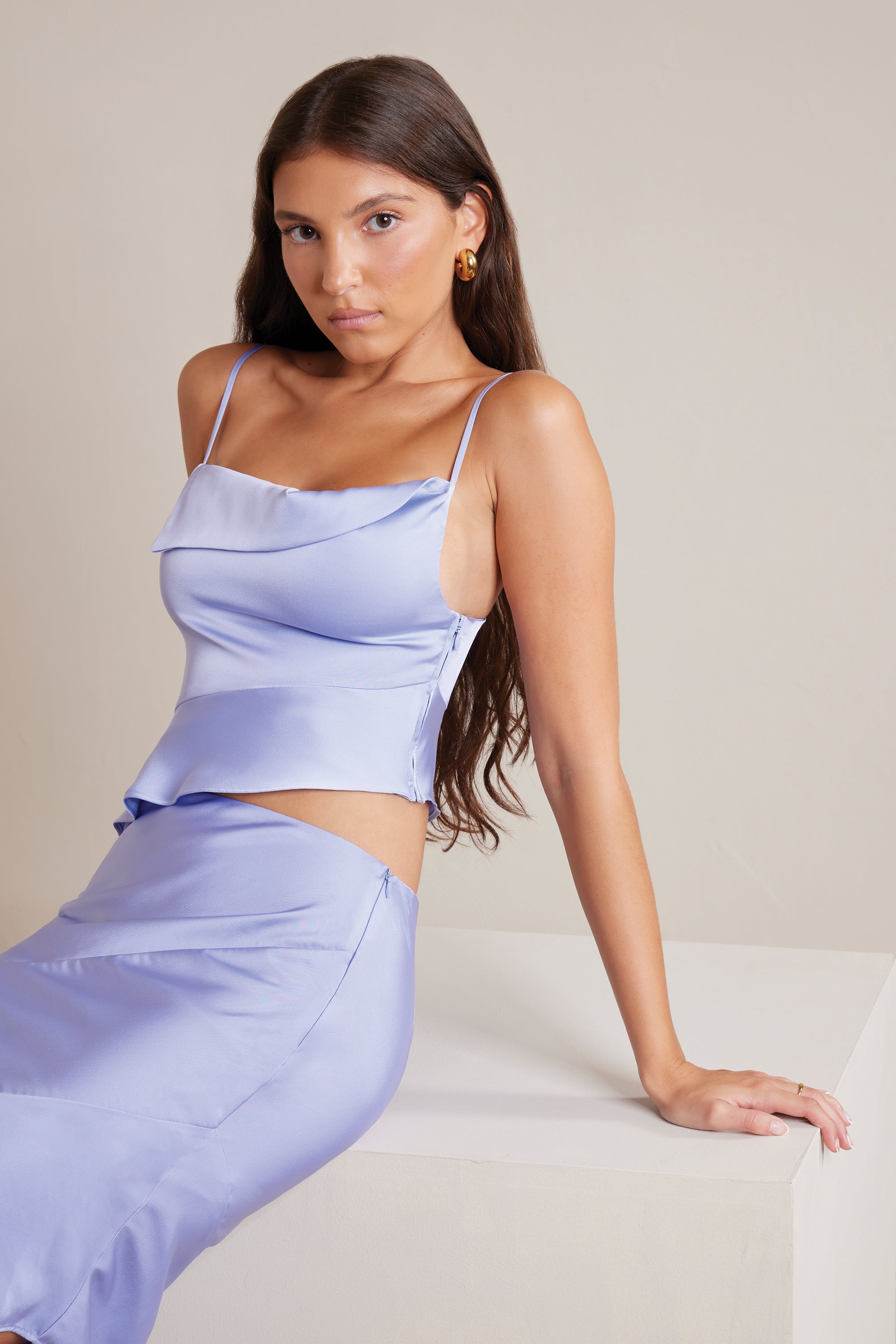 Nola Bias Cut Satin Cowl Neck Asymmetric Crop Top in Periwinkle - Image 4