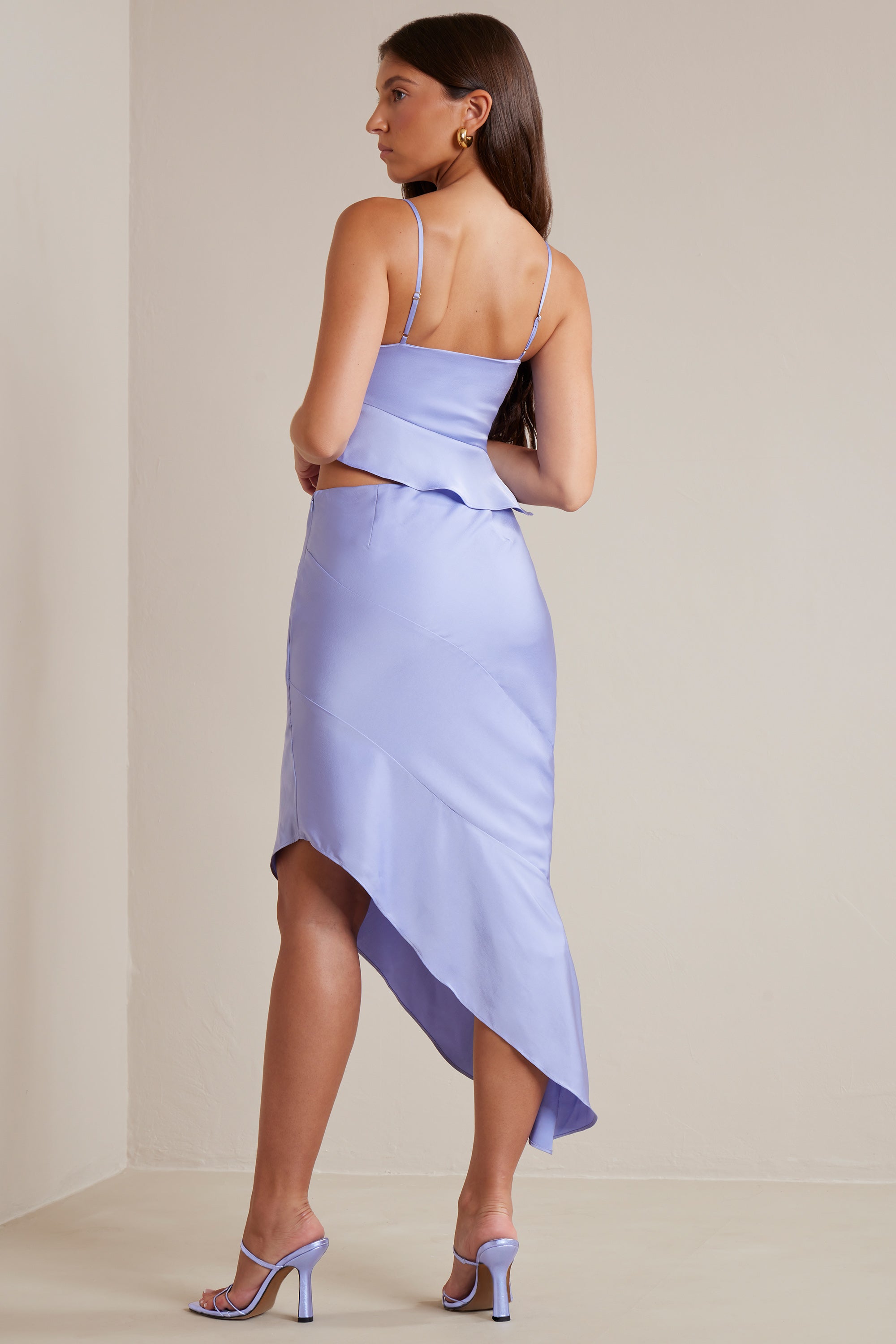 Nola Bias Cut Satin Cowl Neck Asymmetric Crop Top in Periwinkle - Image 11