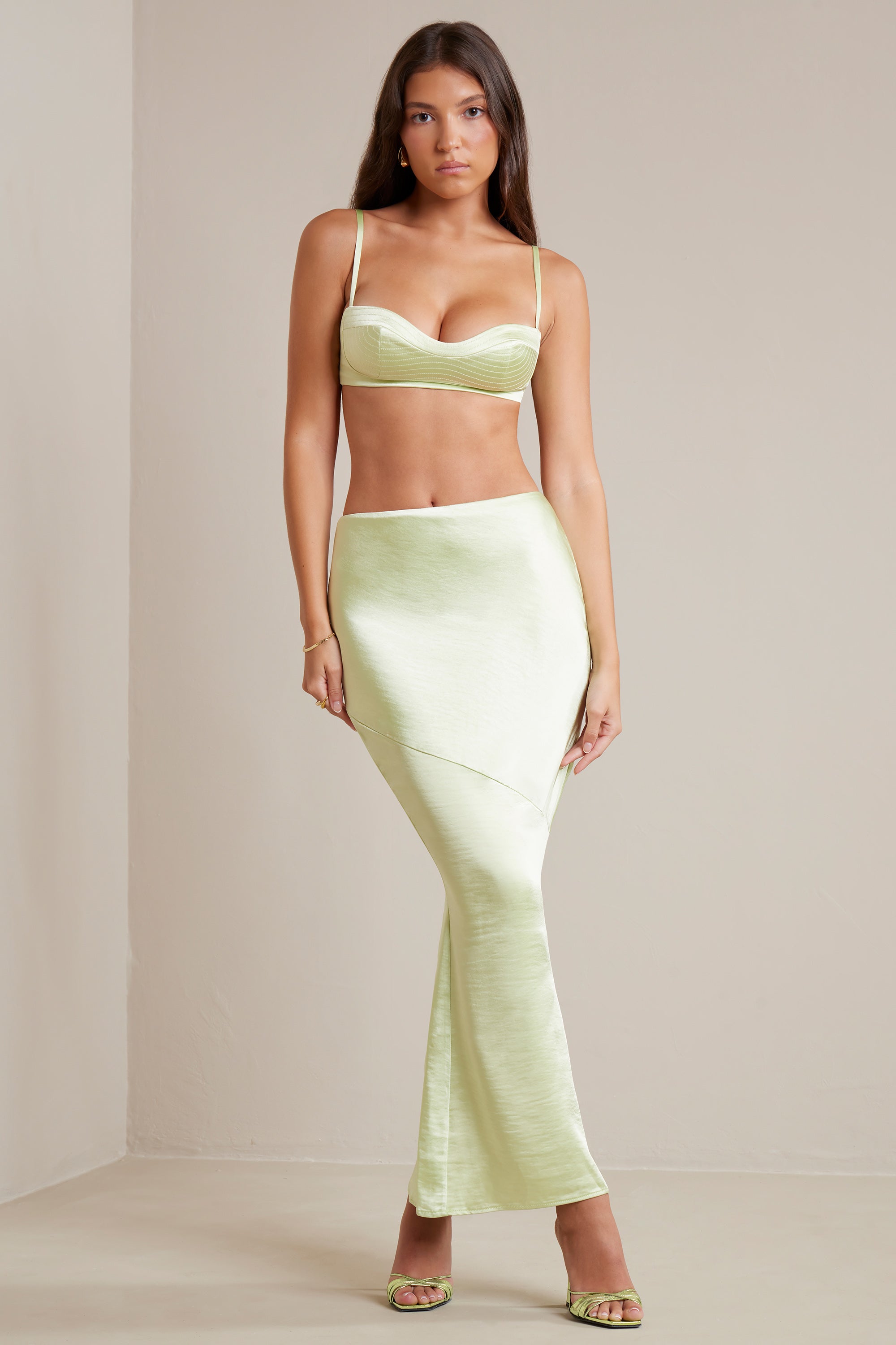 Marisol Bias Cut Satin Maxi Skirt in Lime - Image 5