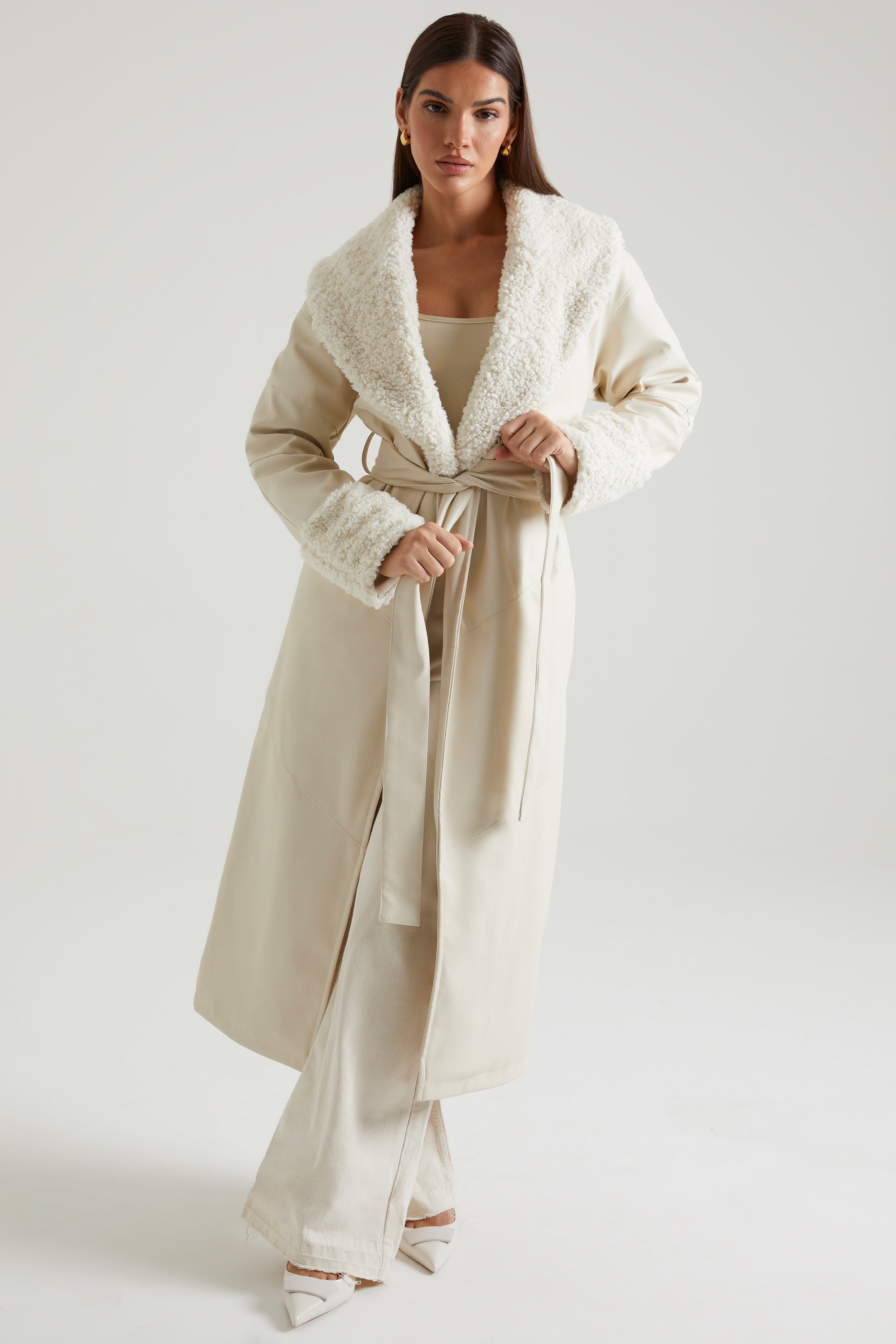 Lumi Tie Up Coat with Shearling Collar and Cuff in Cream - Image 11