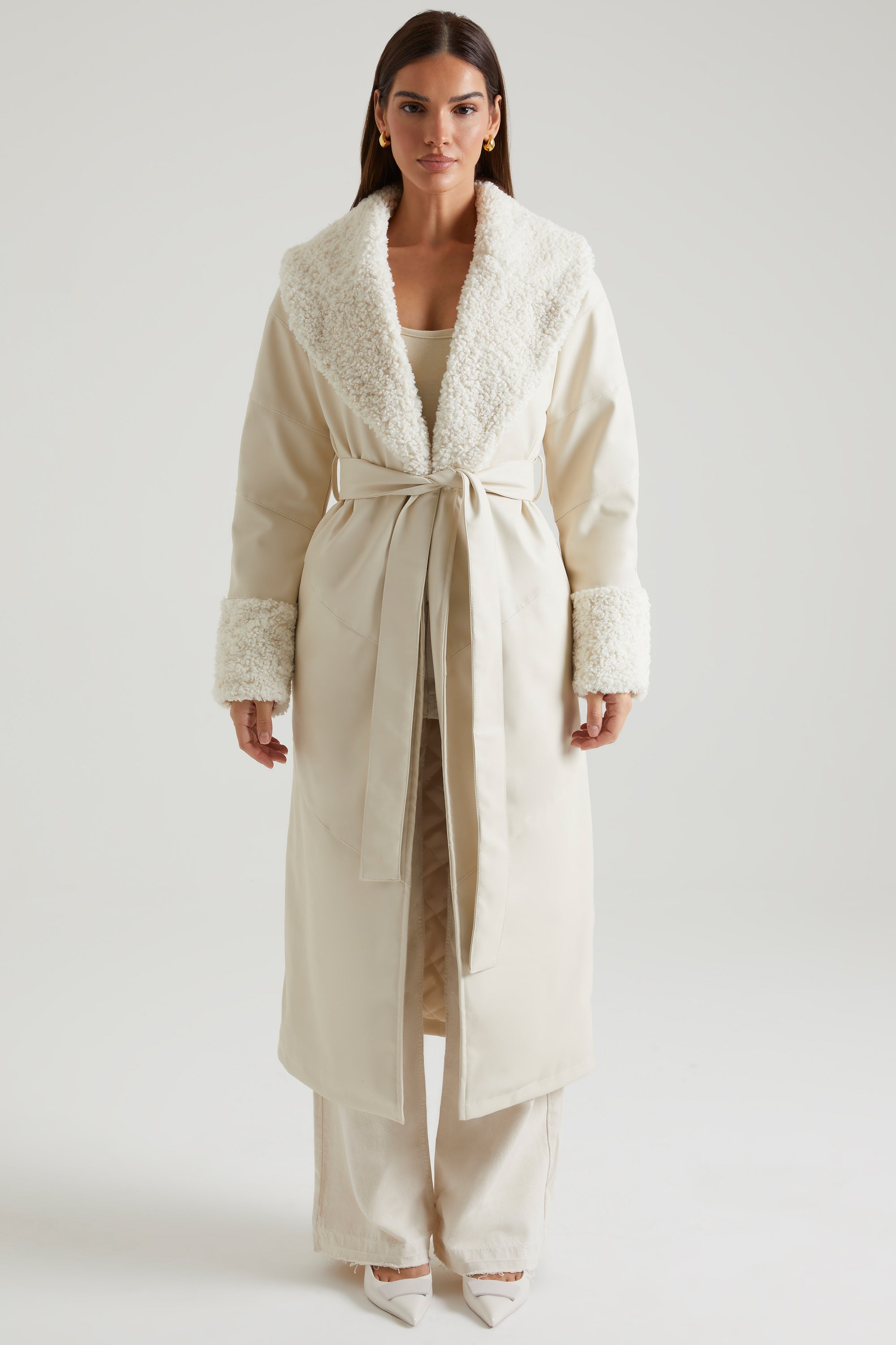 Lumi Tie Up Coat with Shearling Collar and Cuff in Cream
