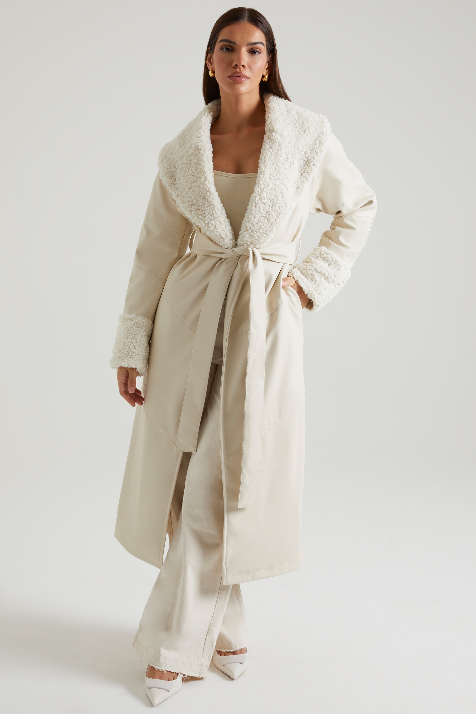 Lumi Tie Up Coat with Shearling Collar and Cuff in Cream - Image 7