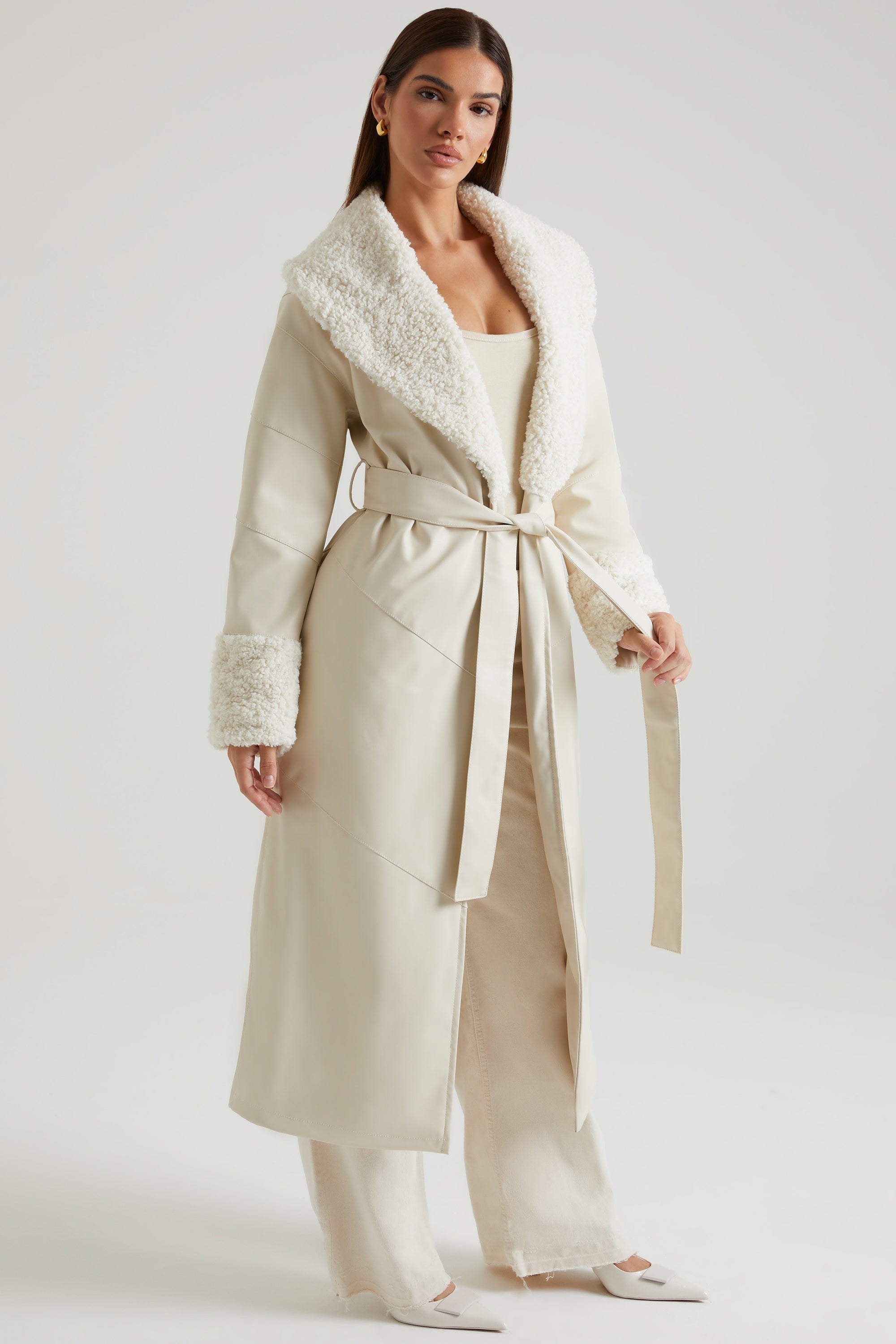 Lumi Tie Up Coat with Shearling Collar and Cuff in Cream - Image 8