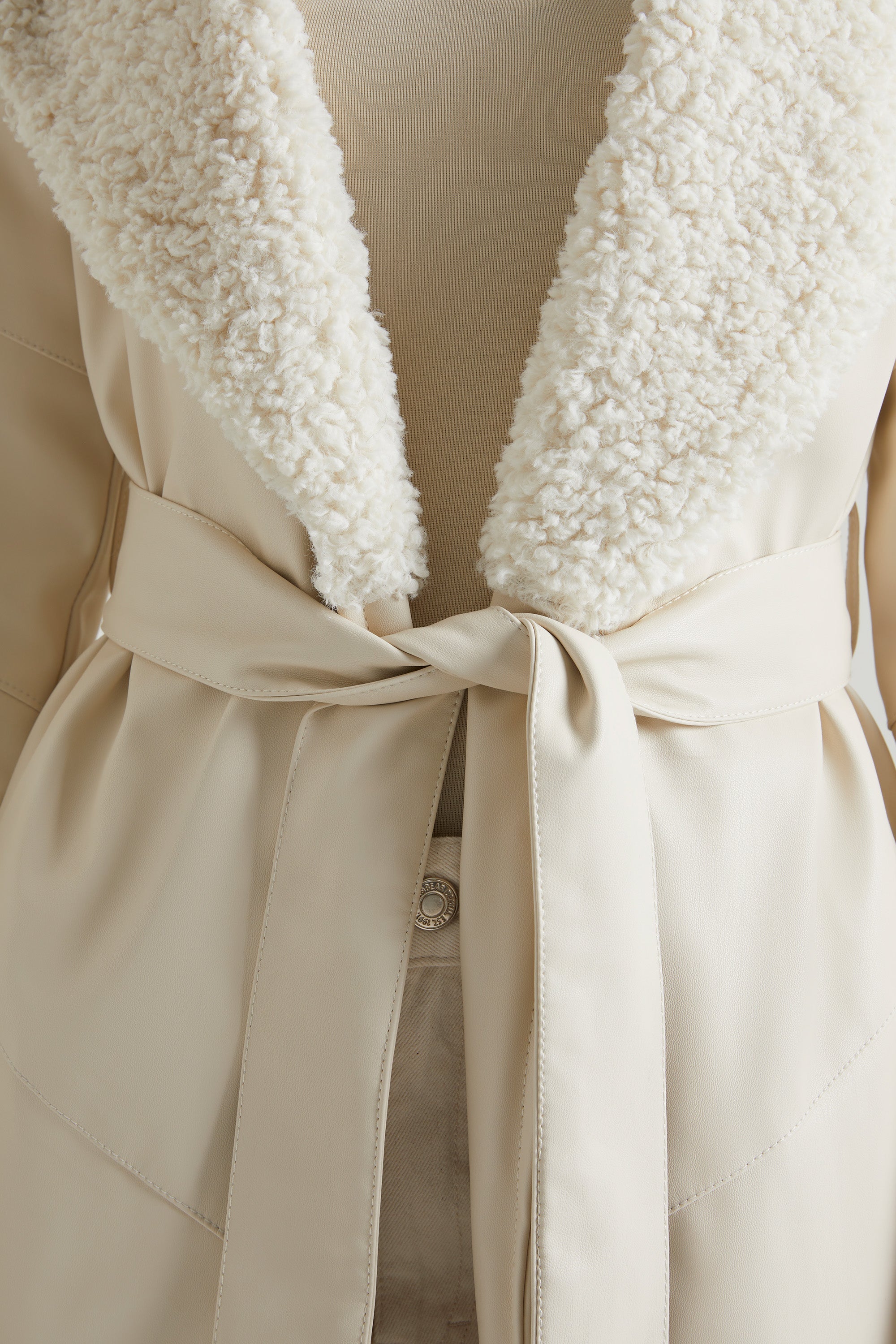 Lumi Tie Up Coat with Shearling Collar and Cuff in Cream - Image 5