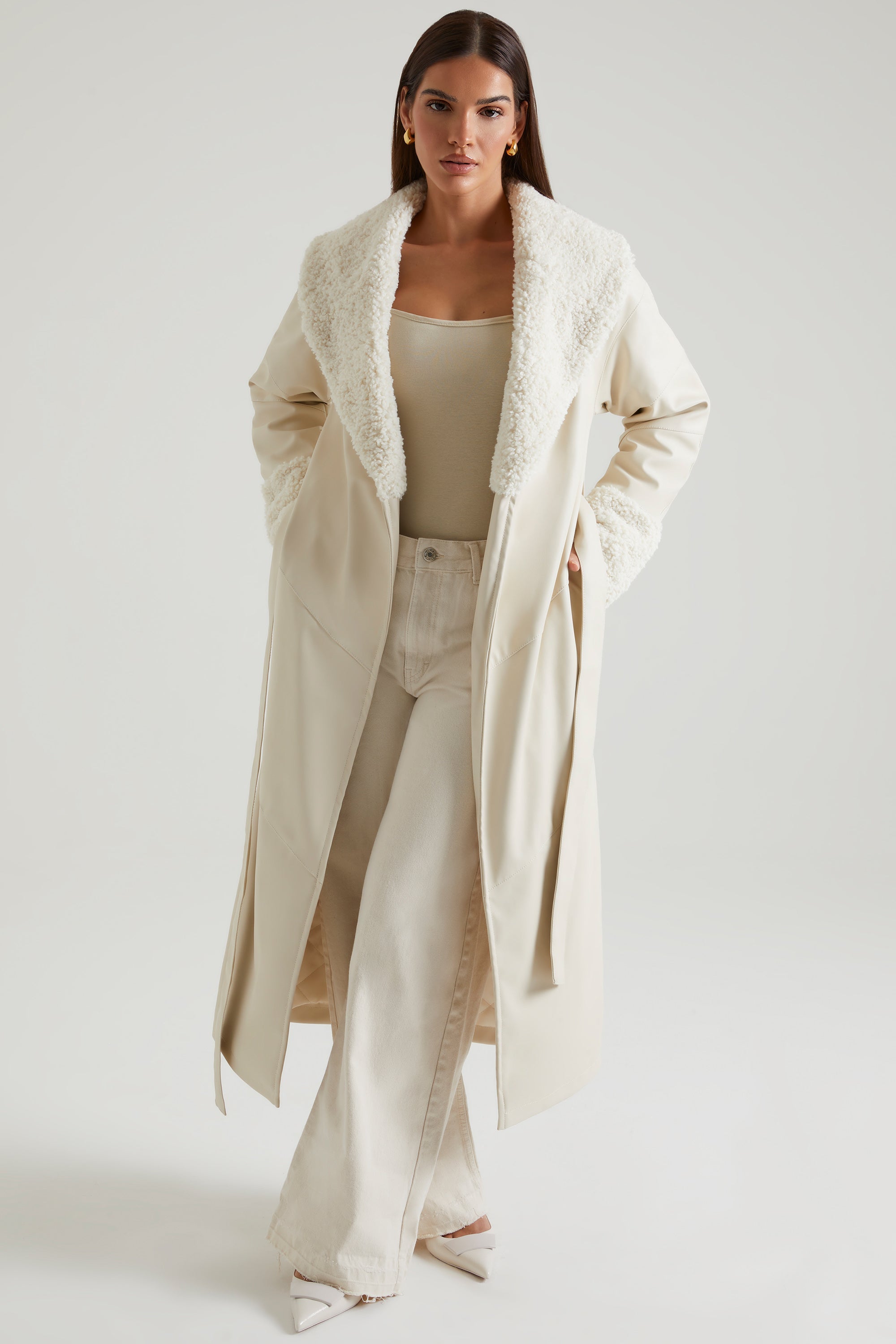 Lumi Tie Up Coat with Shearling Collar and Cuff in Cream - Image 9