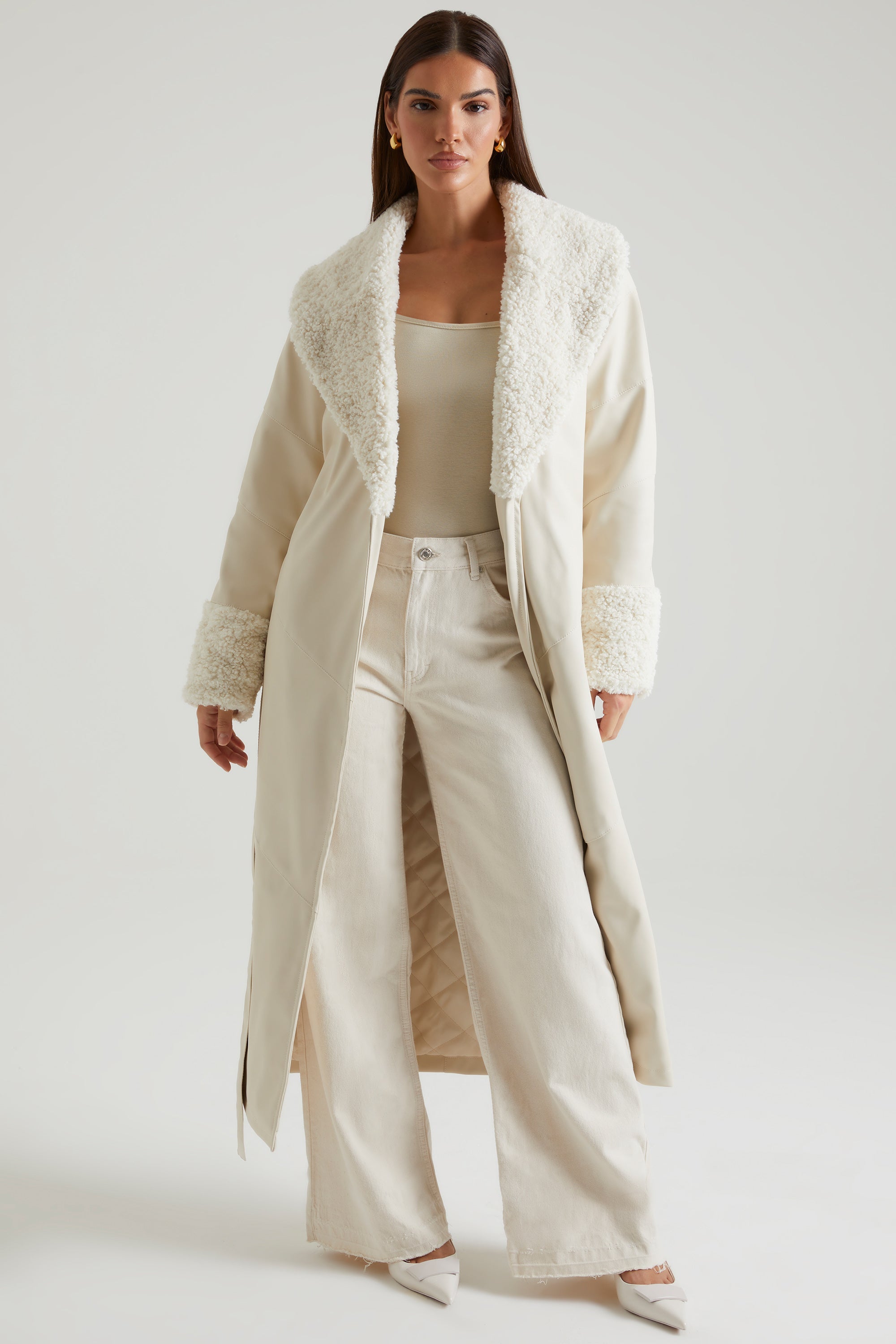 Lumi Tie Up Coat with Shearling Collar and Cuff in Cream - Image 10