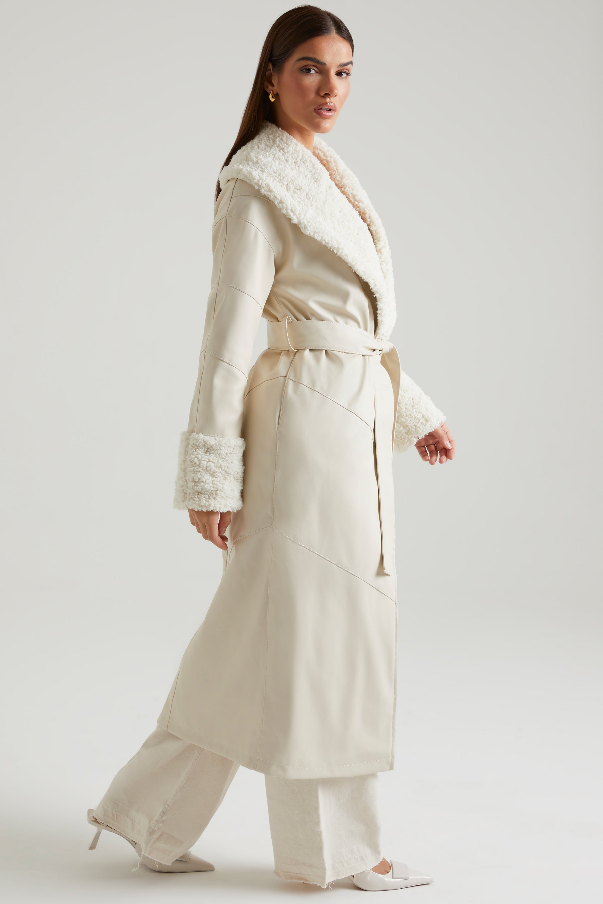 Lumi Tie Up Coat with Shearling Collar and Cuff in Cream - Image 3