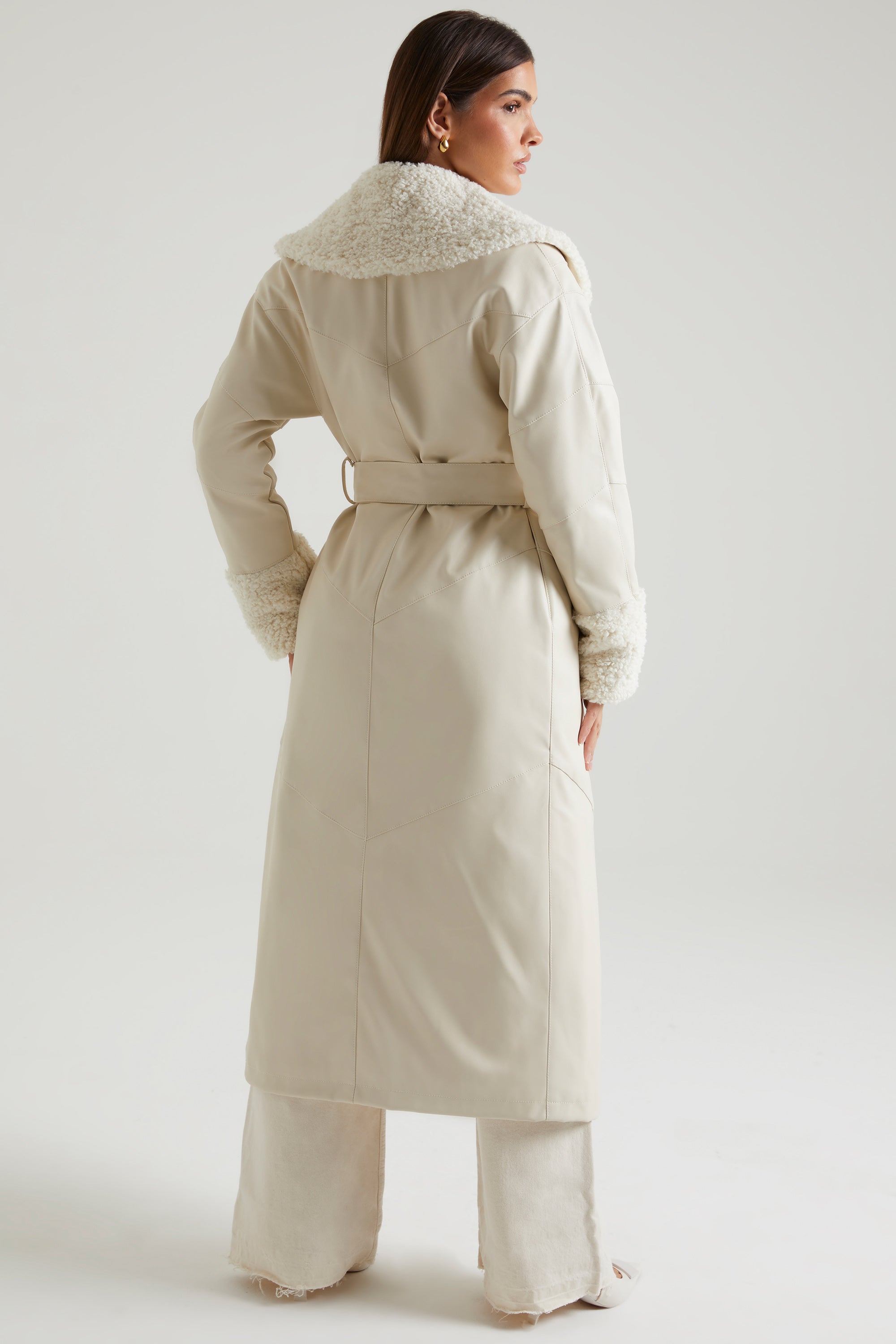 Lumi Tie Up Coat with Shearling Collar and Cuff in Cream - Image 2
