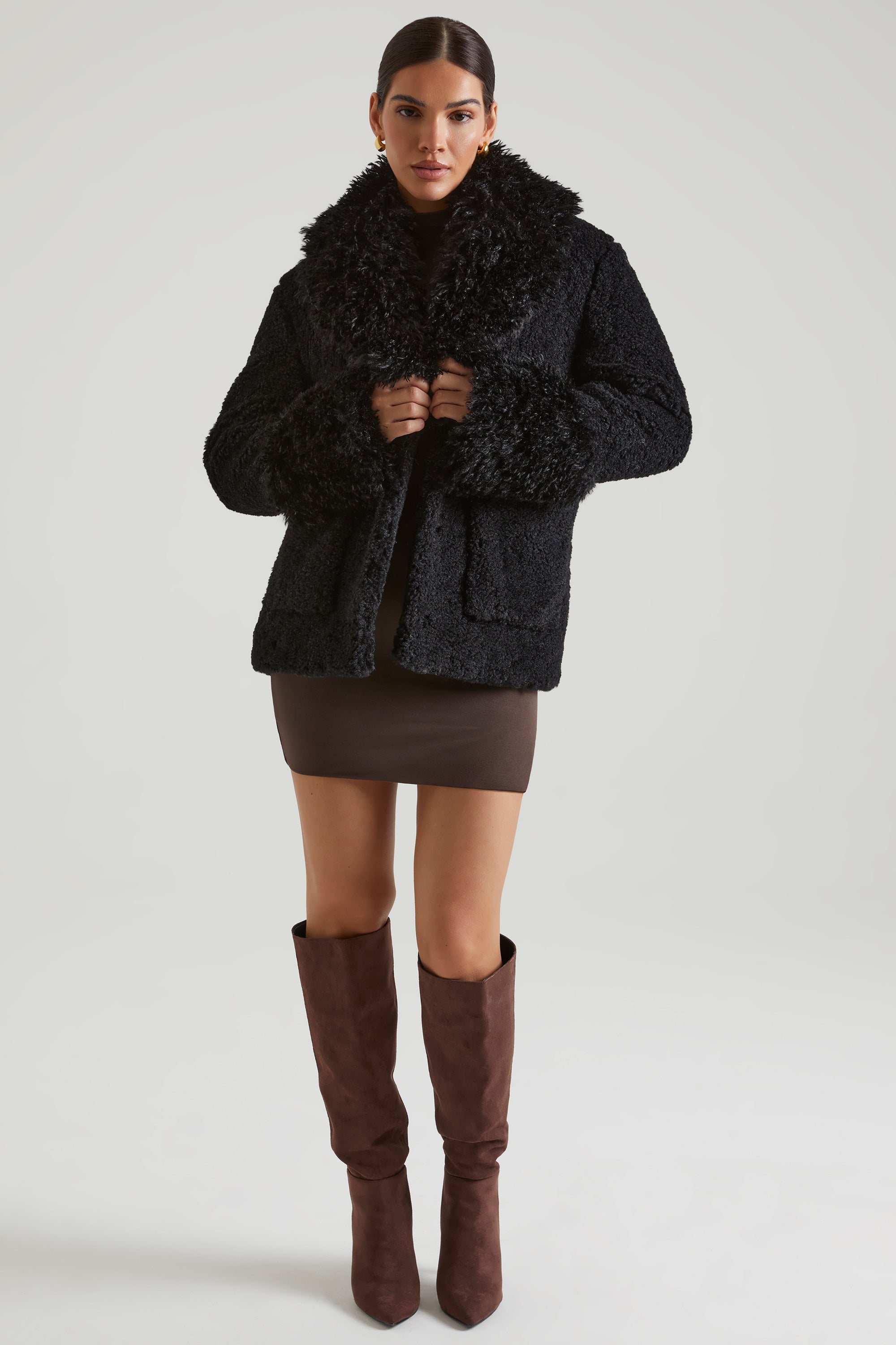 Wynter Shearling Coat with Large Front Pockets in Black - Image 8
