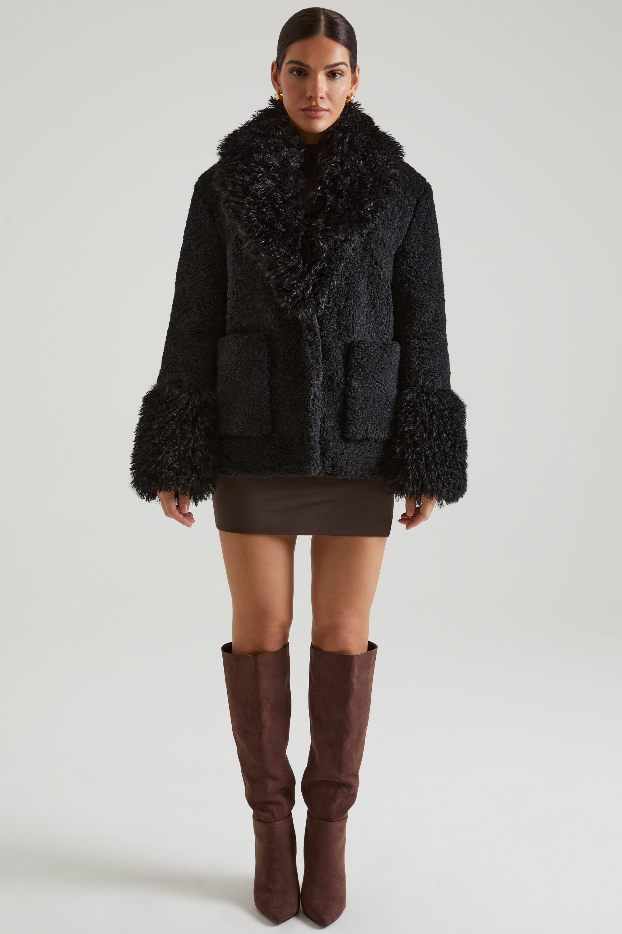 Wynter Shearling Coat with Large Front Pockets in Black - Image 6