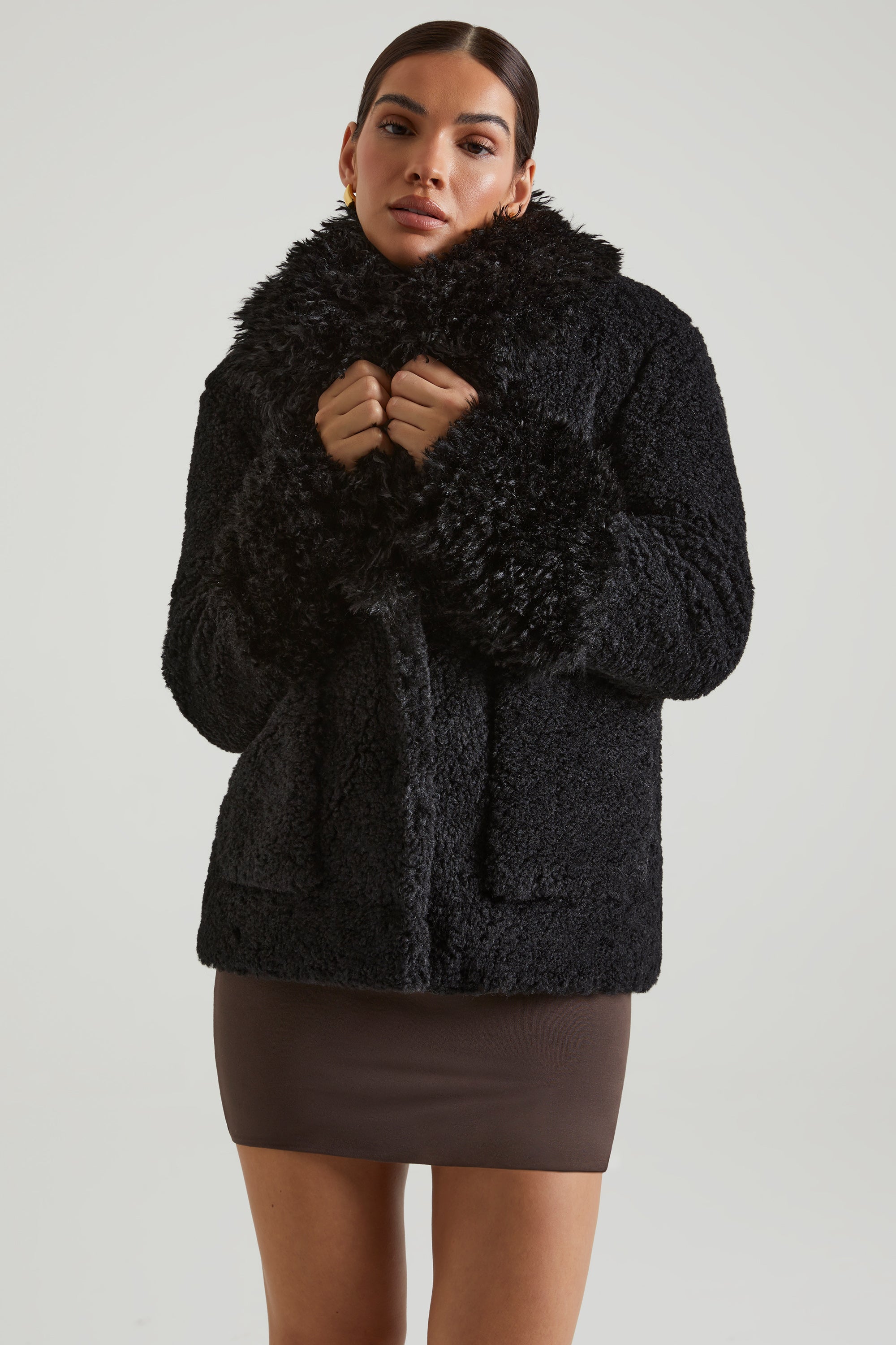 Wynter Shearling Coat with Large Front Pockets in Black - Image 7