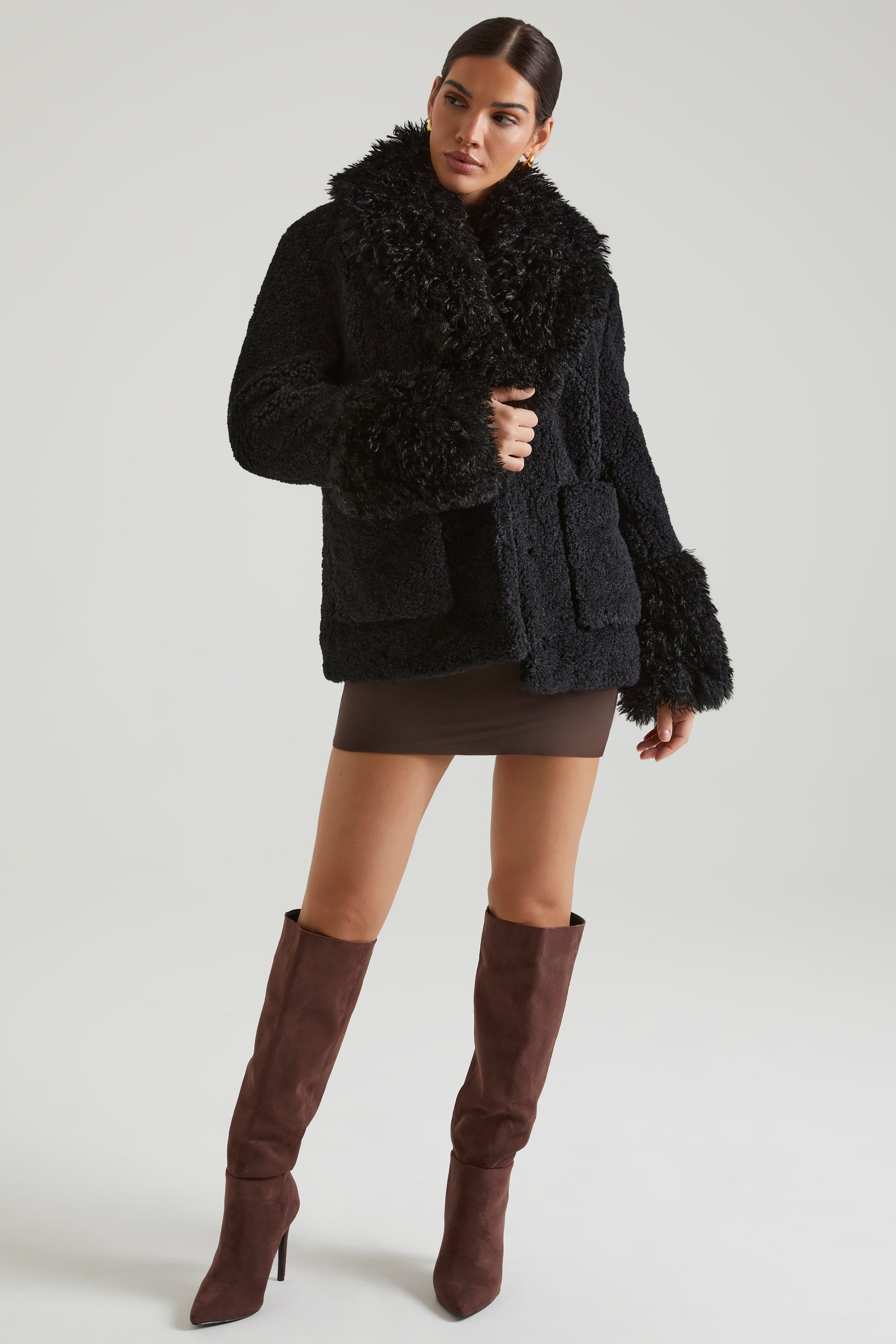Wynter Shearling Coat with Large Front Pockets in Black - Image 9
