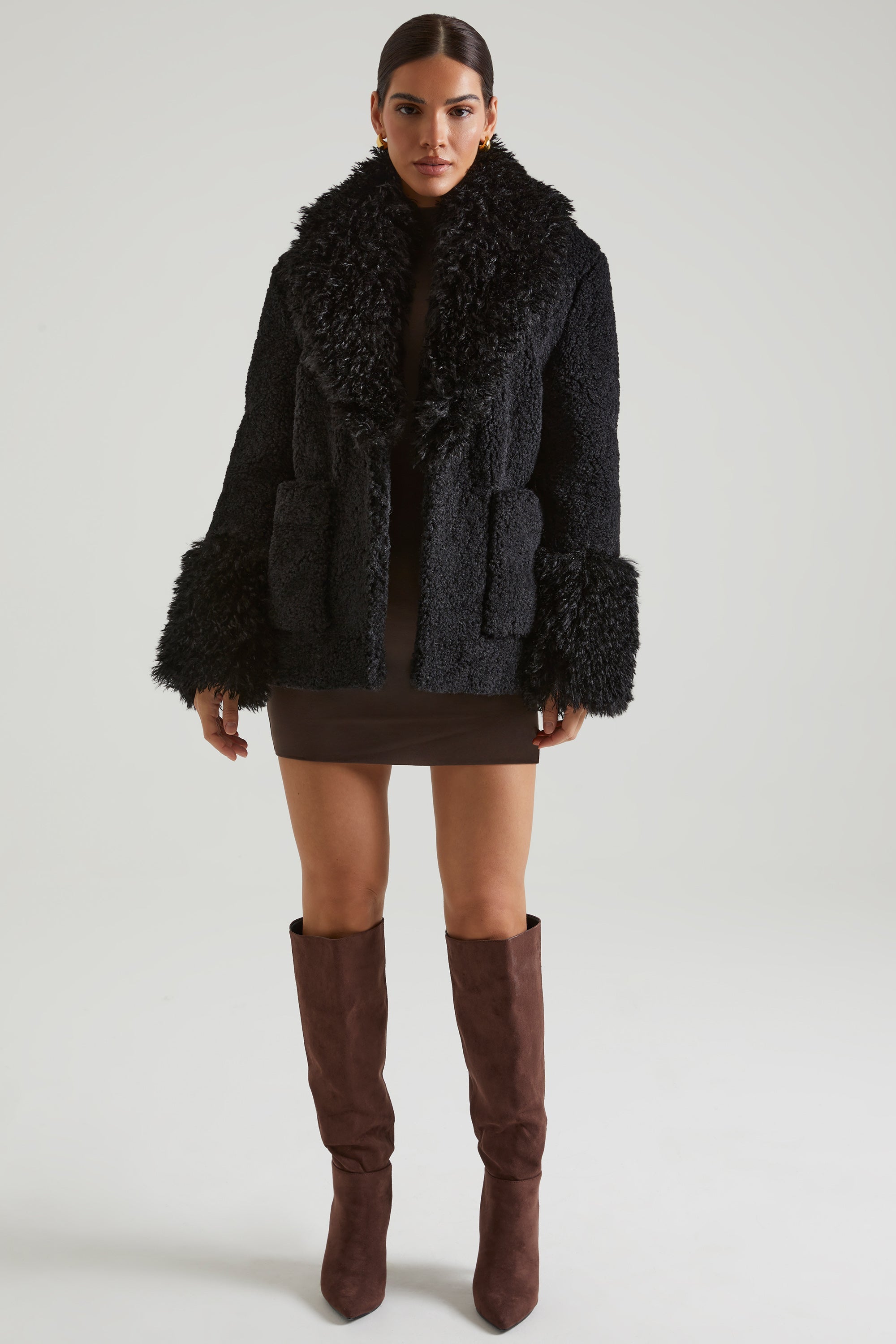 Wynter Shearling Coat with Large Front Pockets in Black