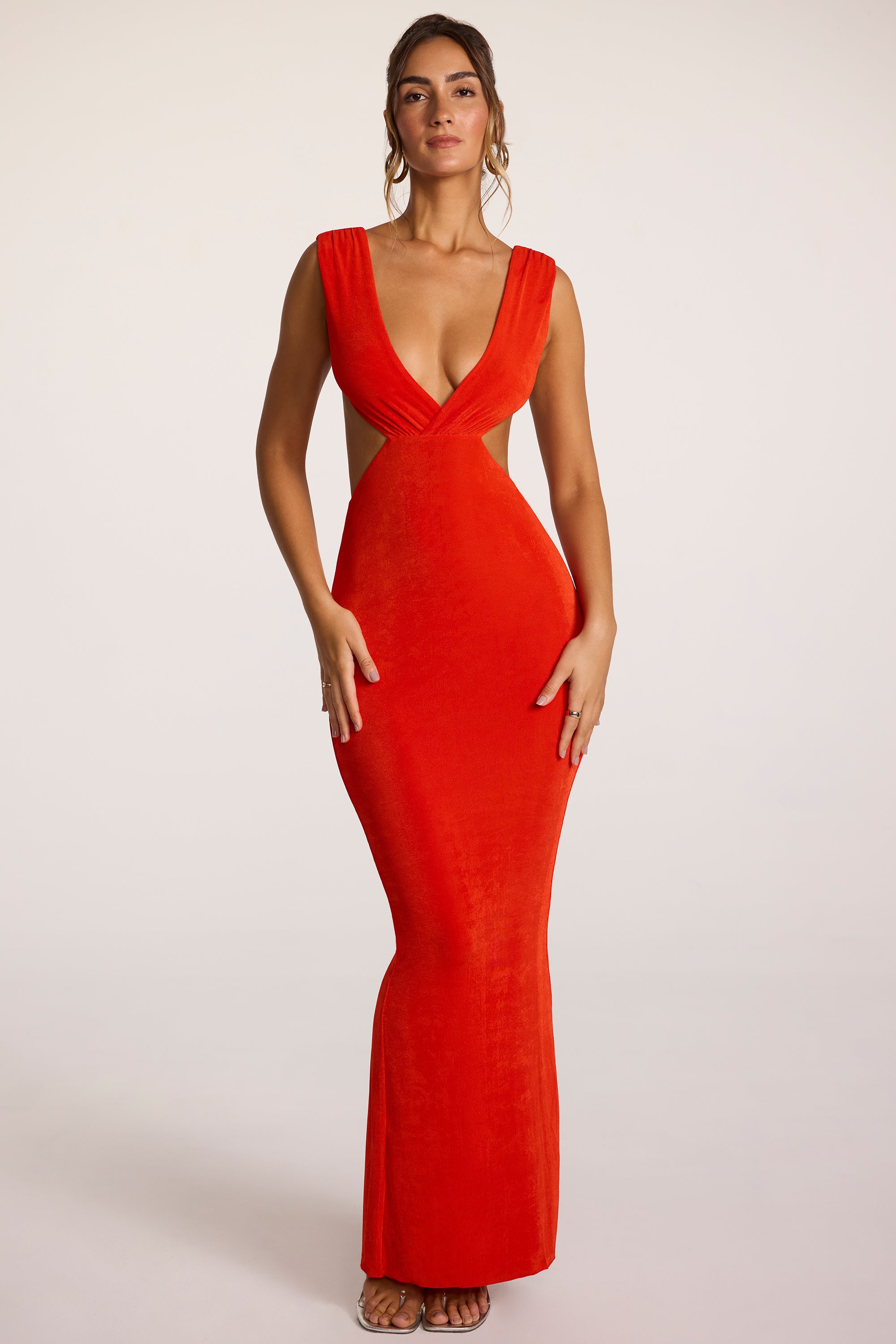 Heloisa Textured Jersey Open Back Plunge Neck Maxi Dress in Fiery Red - Image 9