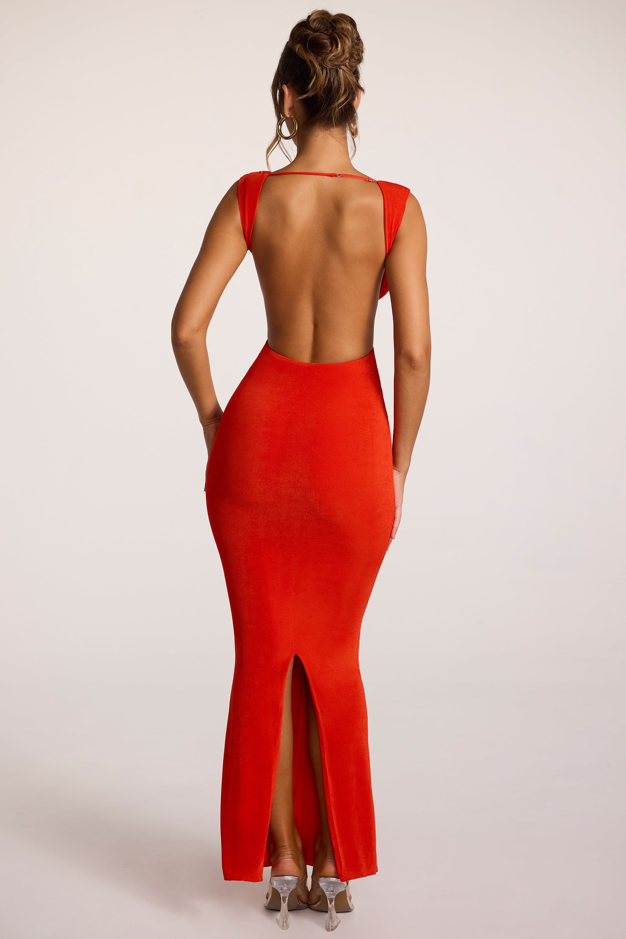 Heloisa Textured Jersey Open Back Plunge Neck Maxi Dress in Fiery Red - Image 2