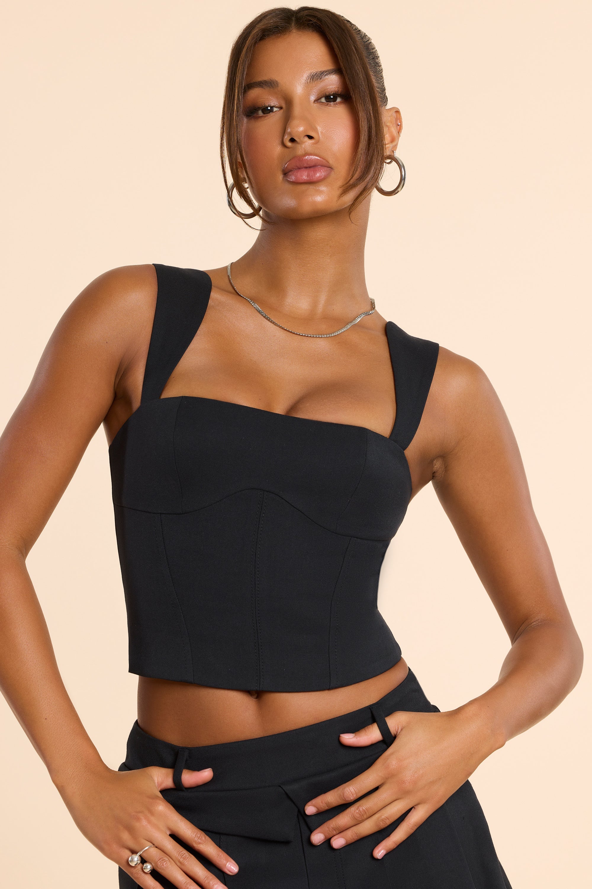 Laurel Woven Wool Square Neck Tailored Top in Black