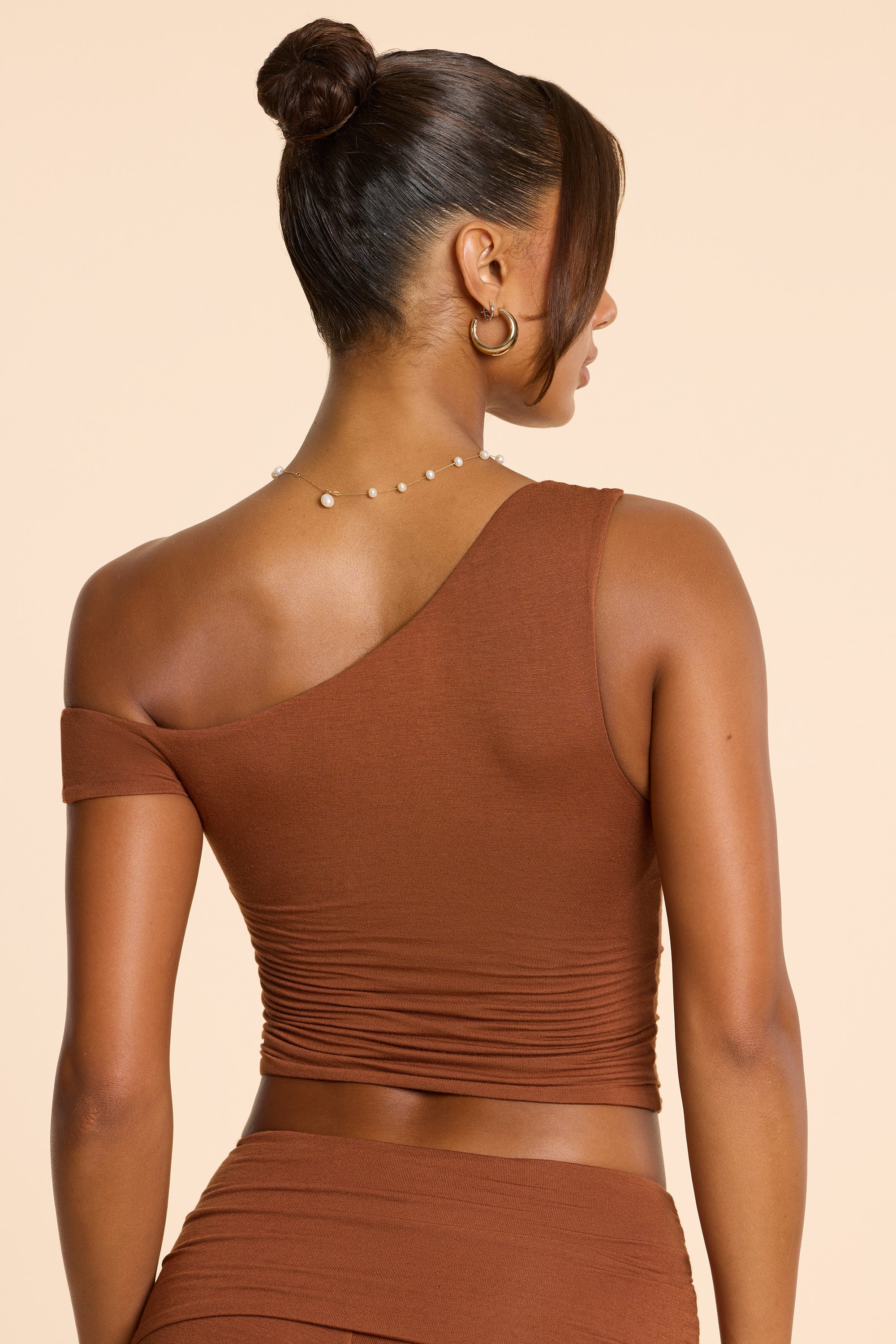 Lula Asymmetric Neck Ruched Modal Cashmere Blend Top in Chestnut Brown - Image 2