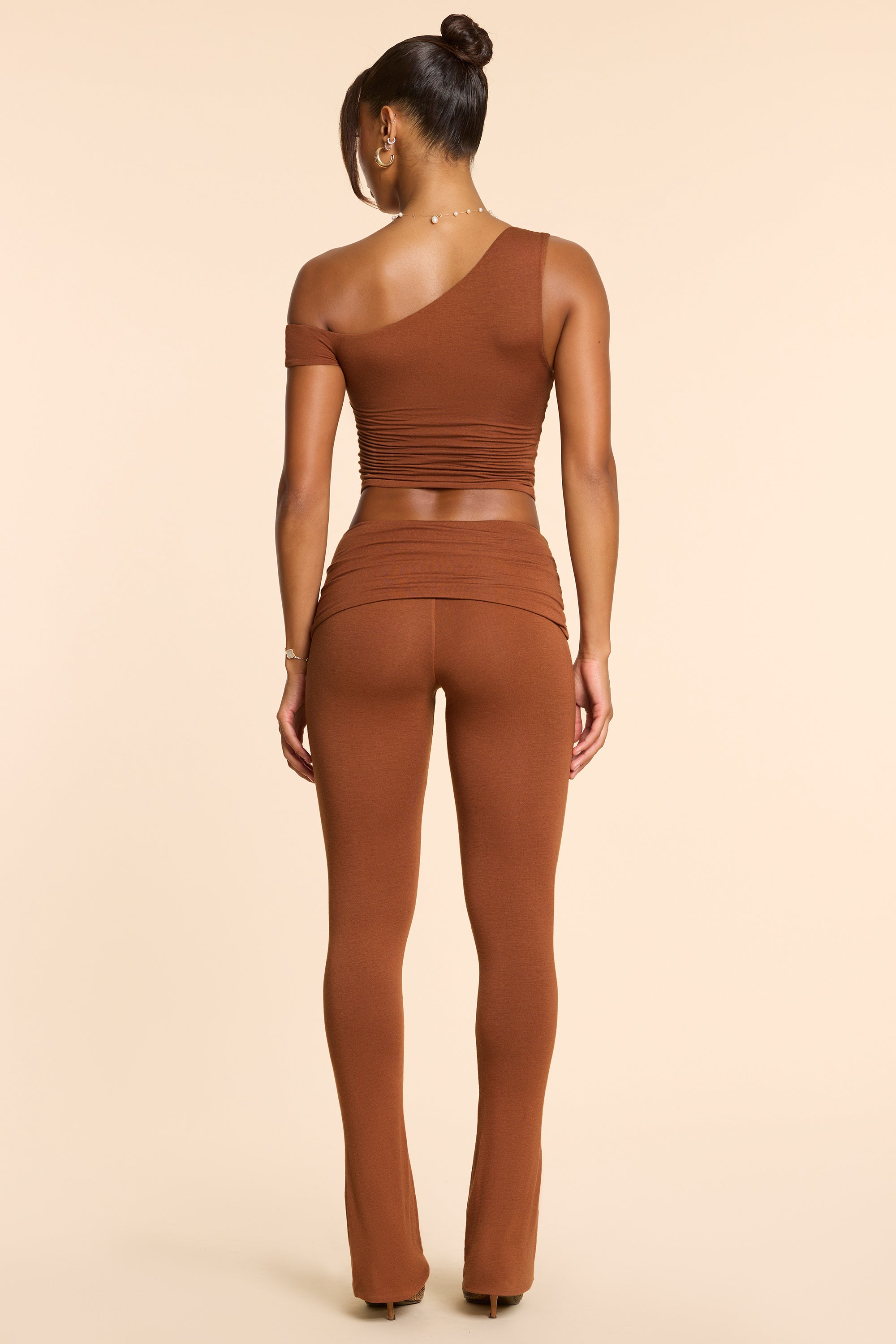 Anona Petite Mid Rise Modal Cashmere Blend Trousers in Chestnut Brown - Image 2