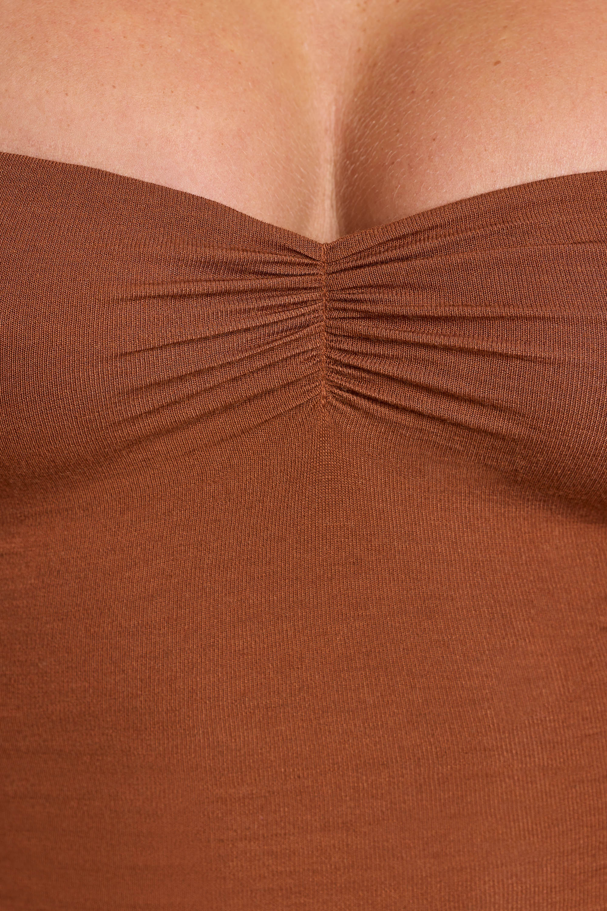 Perrie Long Sleeve Ruched Modal Cashmere Blend Mini Dress in Chestnut Brown - Image 5