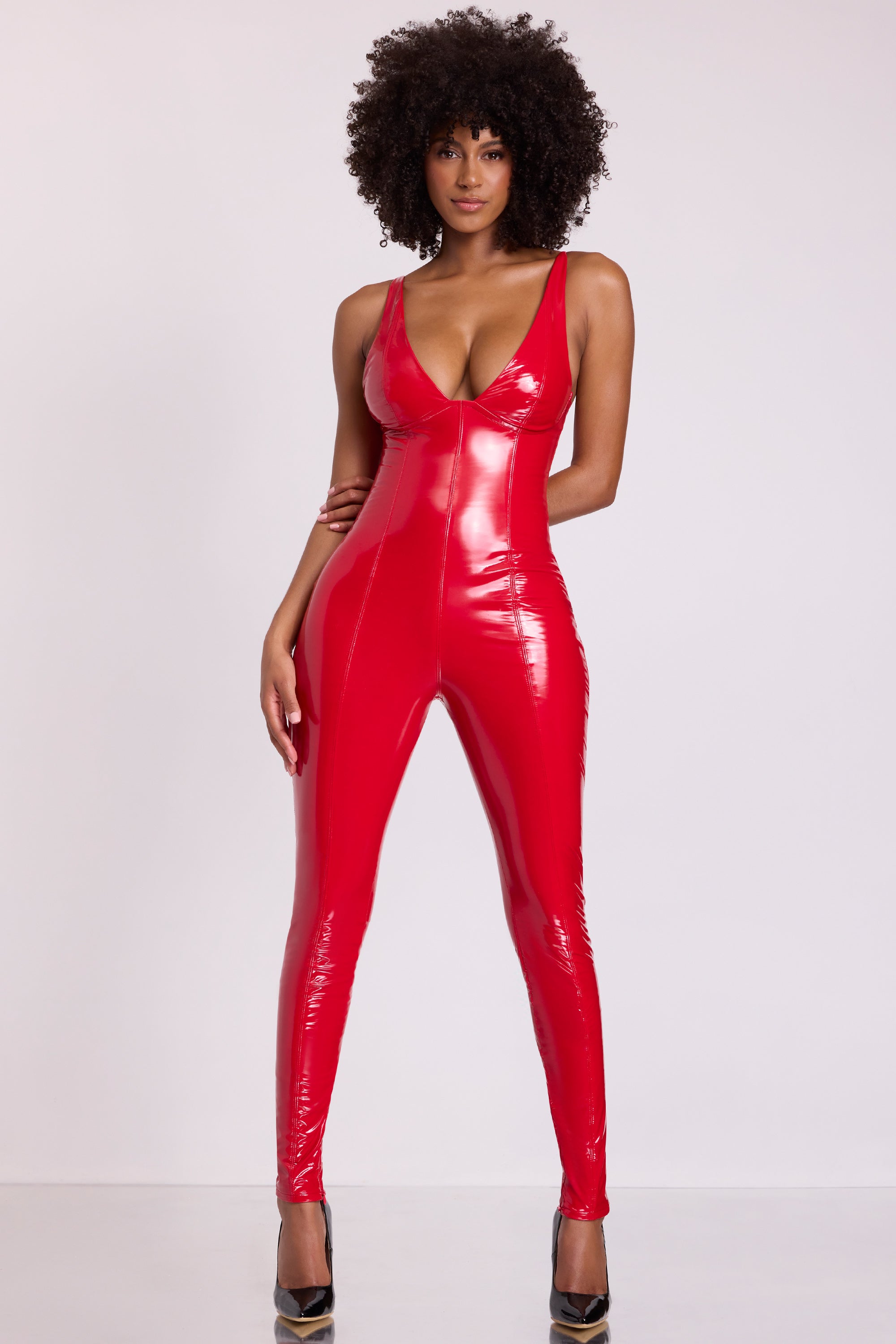 Vinyl Plunge Neck Catsuit in Fire Red - Image 9