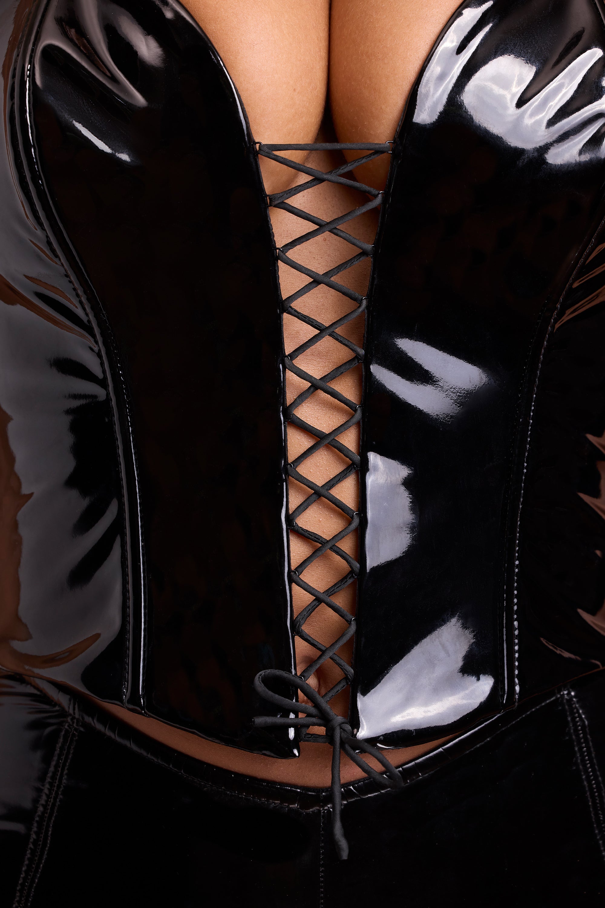 Ophelia Vinyl Halter Neck Lace Up Corset Crop Top in Black - Image 5