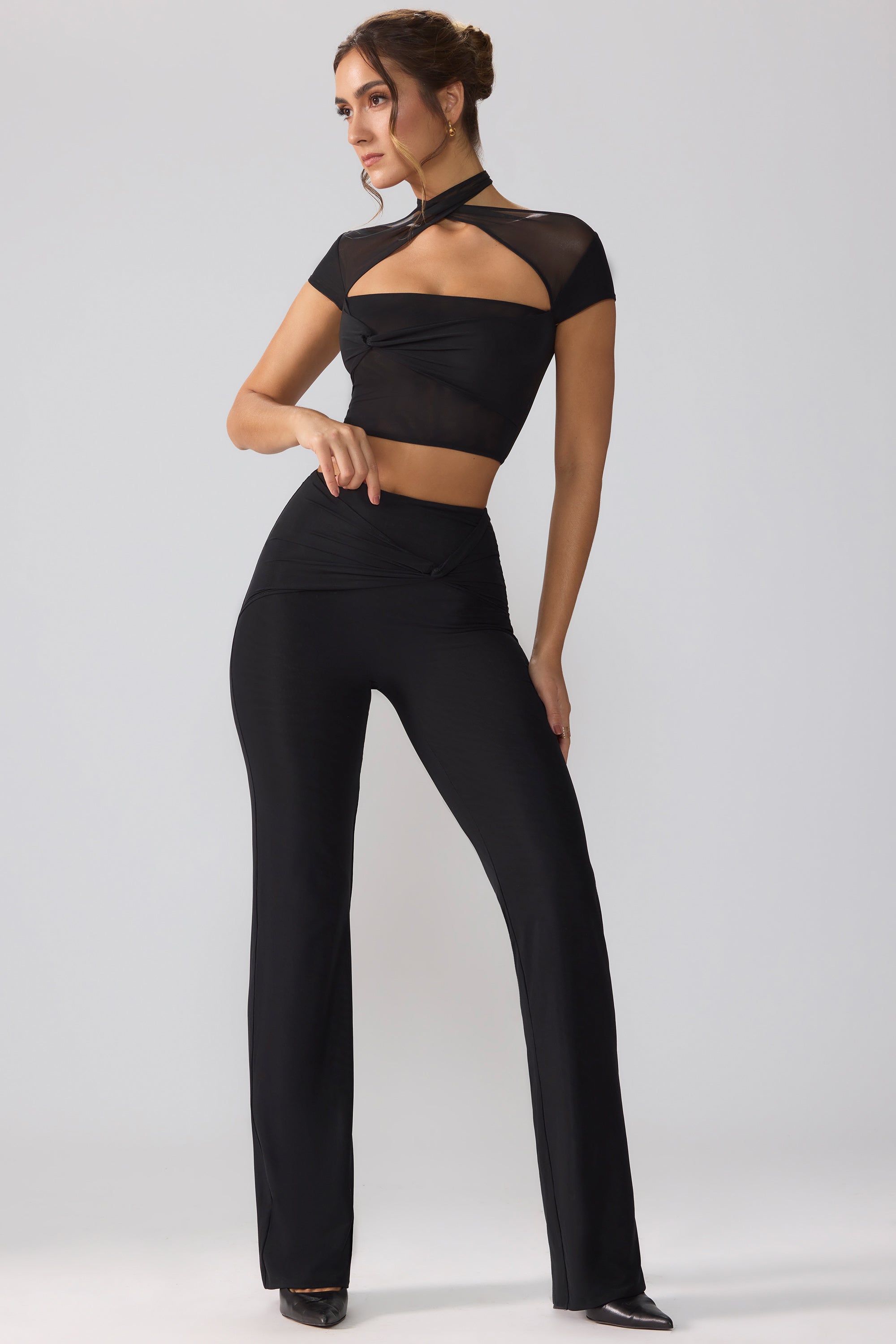 Ridley Petite Mesh Mid Rise Twist Overlay Flare Trousers in Black - Image 6