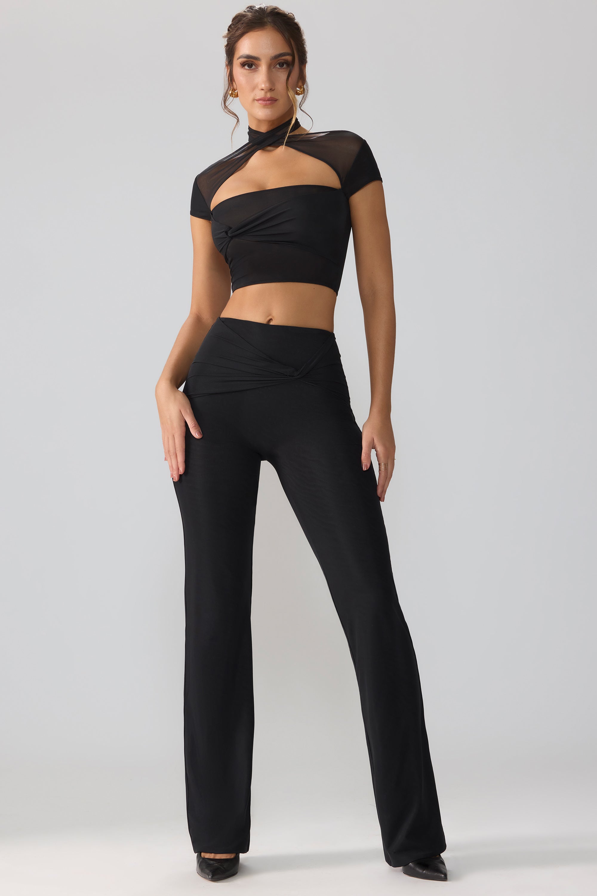 Ridley Petite Mesh Mid Rise Twist Overlay Flare Trousers in Black - Image 7