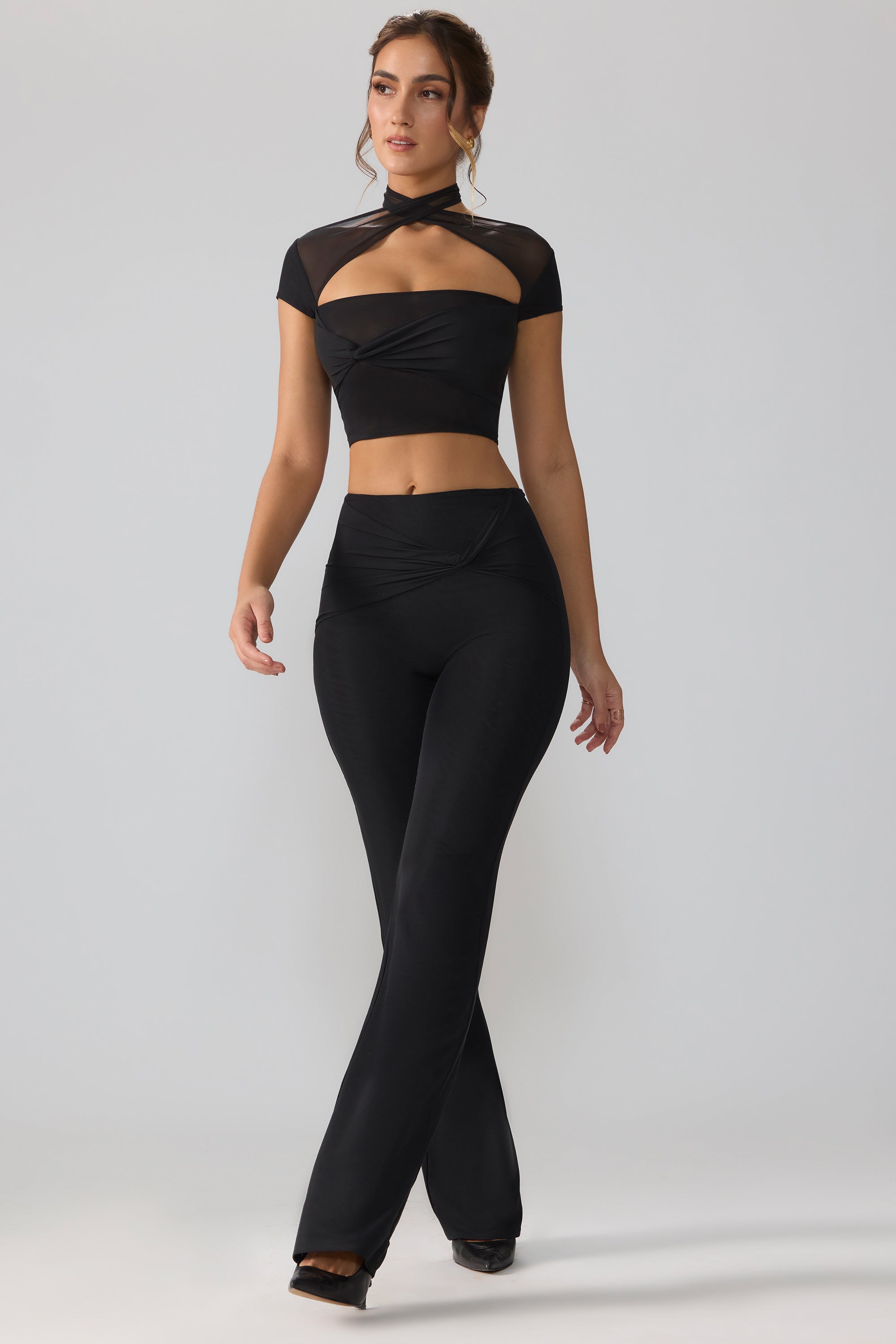 Ridley Mesh Mid Rise Twist Overlay Flare Trousers in Black - Image 4