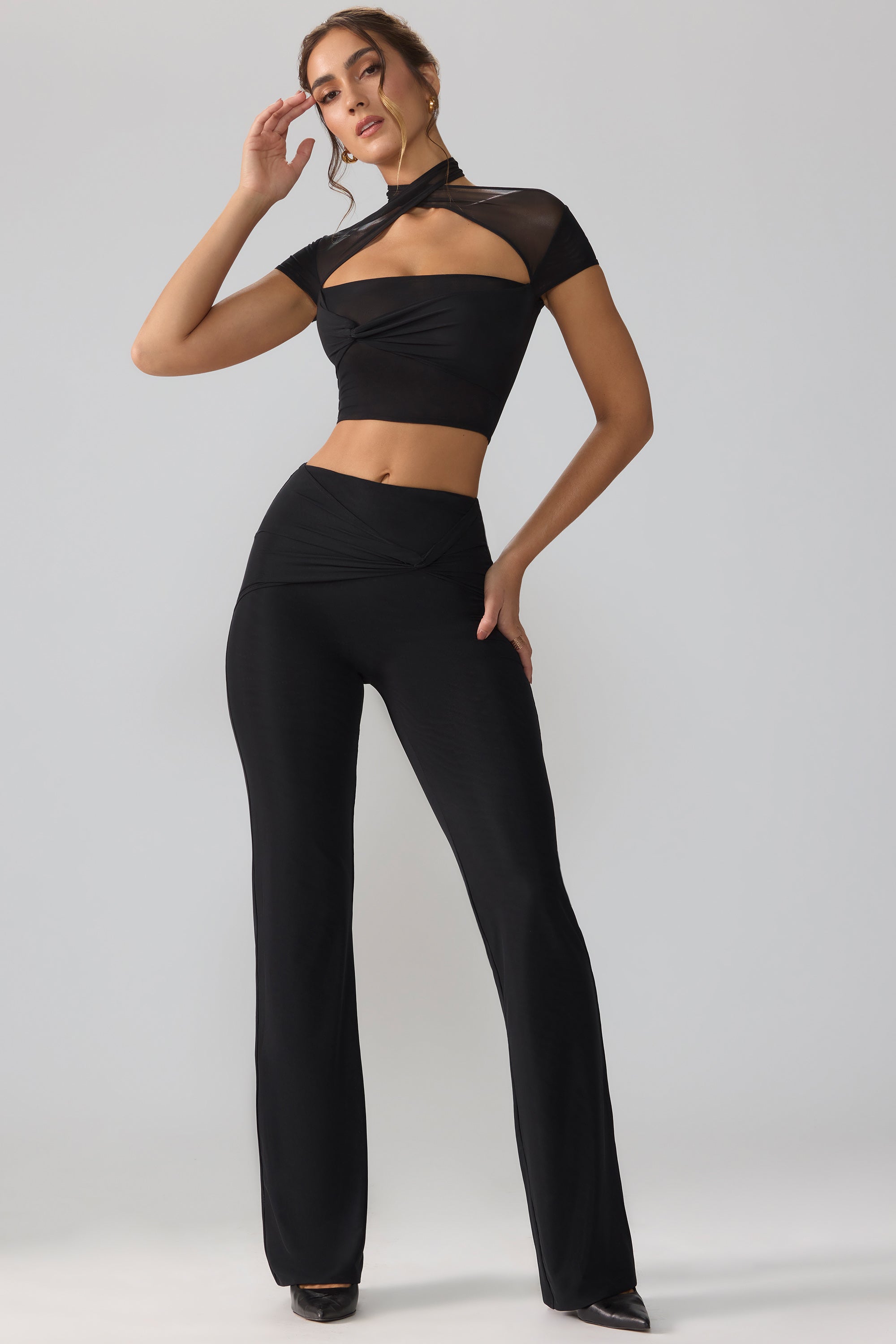 Ridley Mesh Mid Rise Twist Overlay Flare Trousers in Black