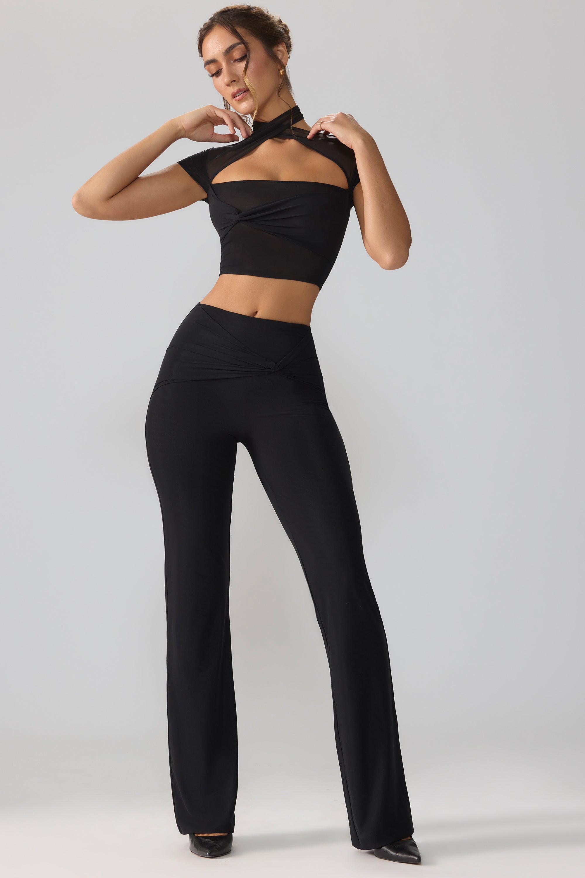 Ridley Mesh Mid Rise Twist Overlay Flare Trousers in Black - Image 6