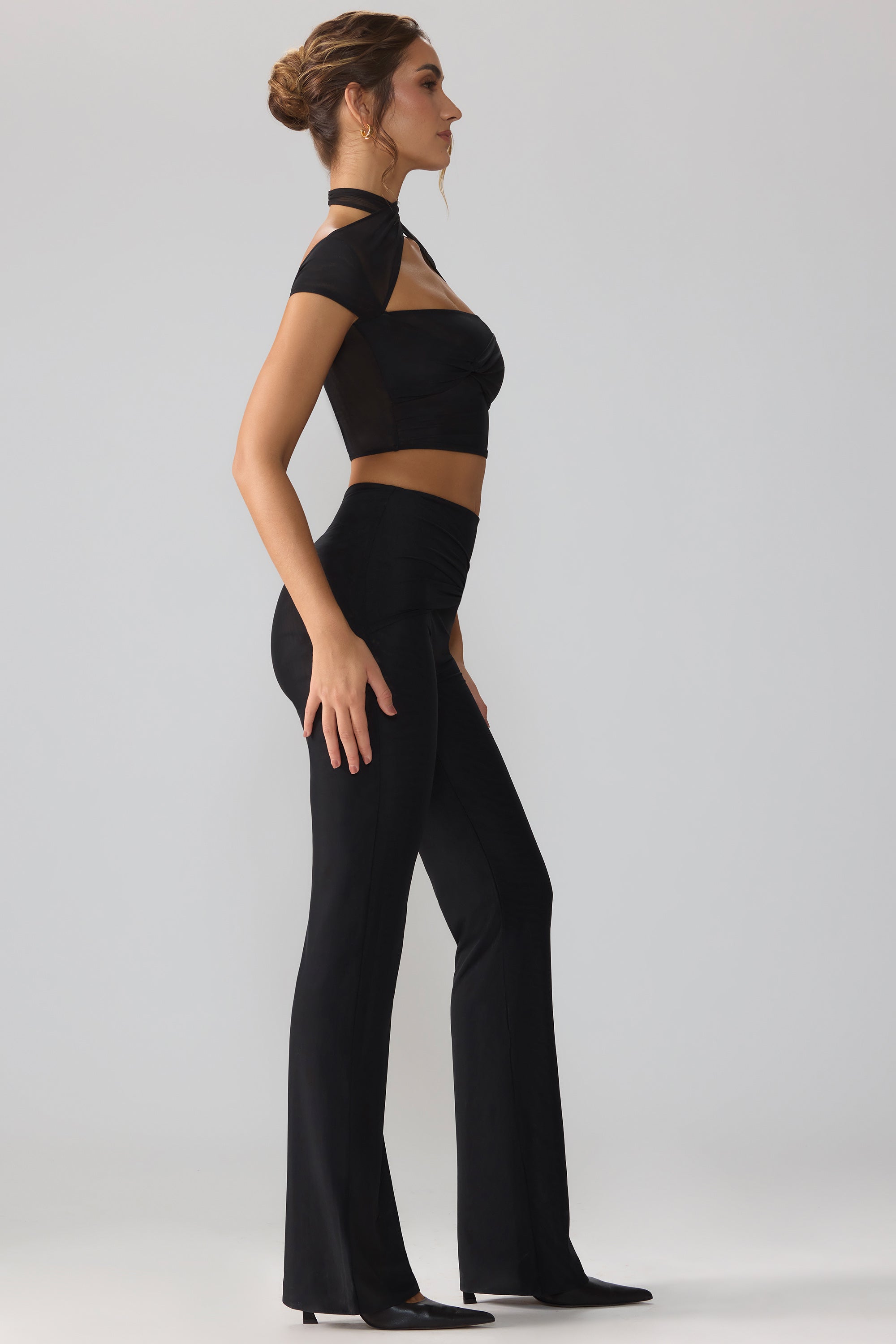 Ridley Petite Mesh Mid Rise Twist Overlay Flare Trousers in Black - Image 3