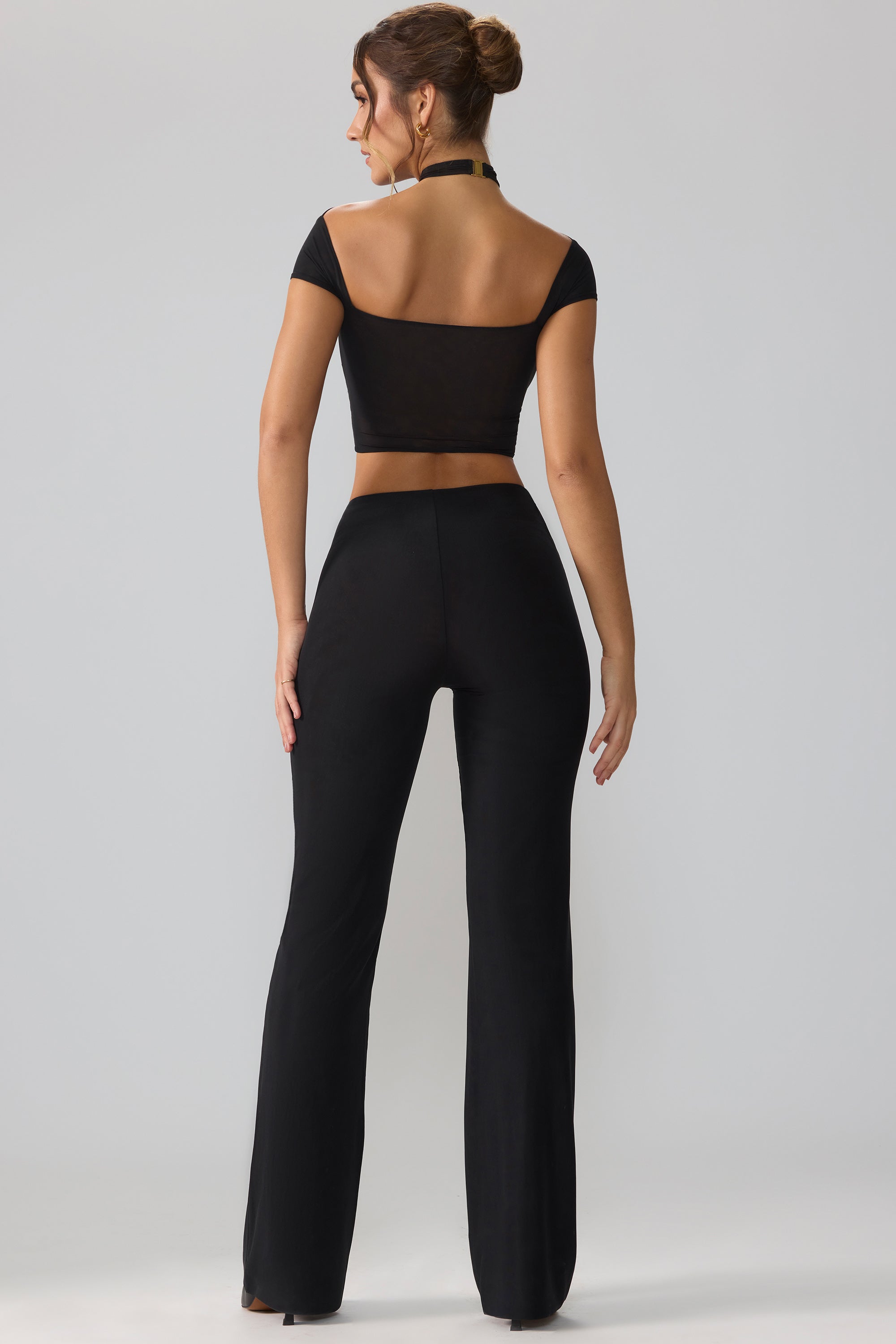 Ridley Petite Mesh Mid Rise Twist Overlay Flare Trousers in Black - Image 2