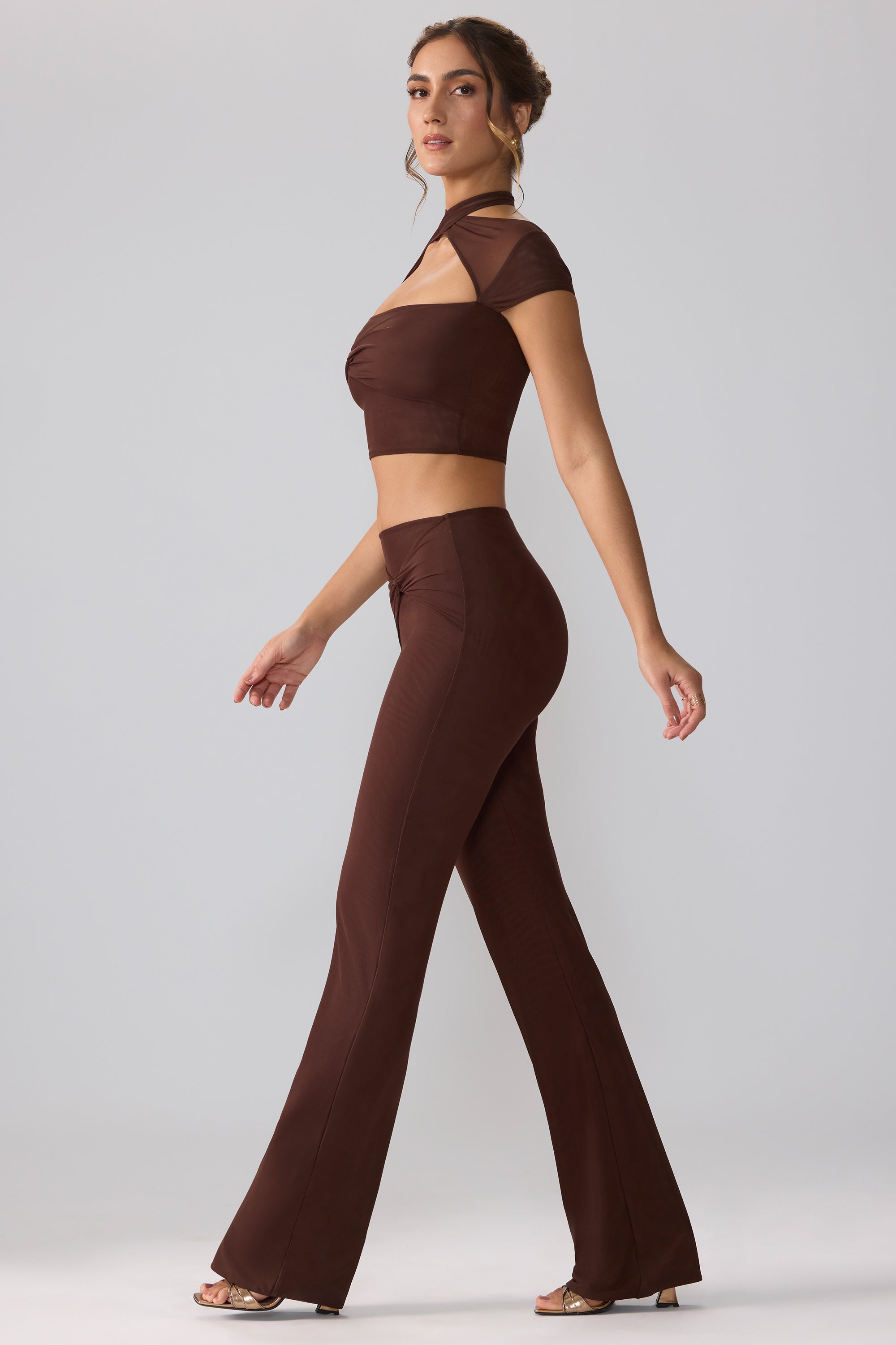 Ridley Mesh Mid Rise Twist Overlay Flare Trousers in Espresso - Image 3