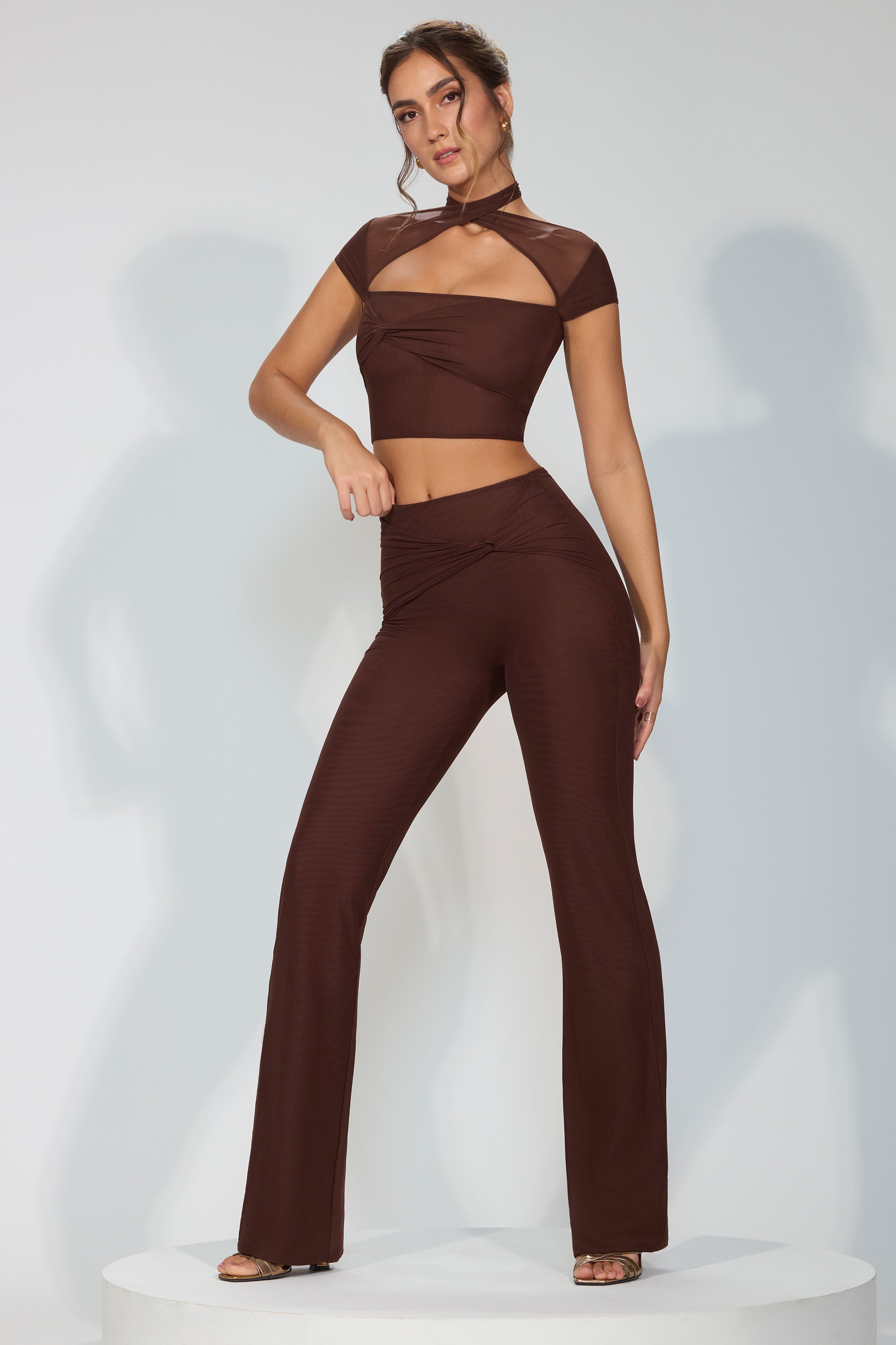 Ridley Tall Mesh Mid Rise Twist Overlay Flare Trousers in Espresso