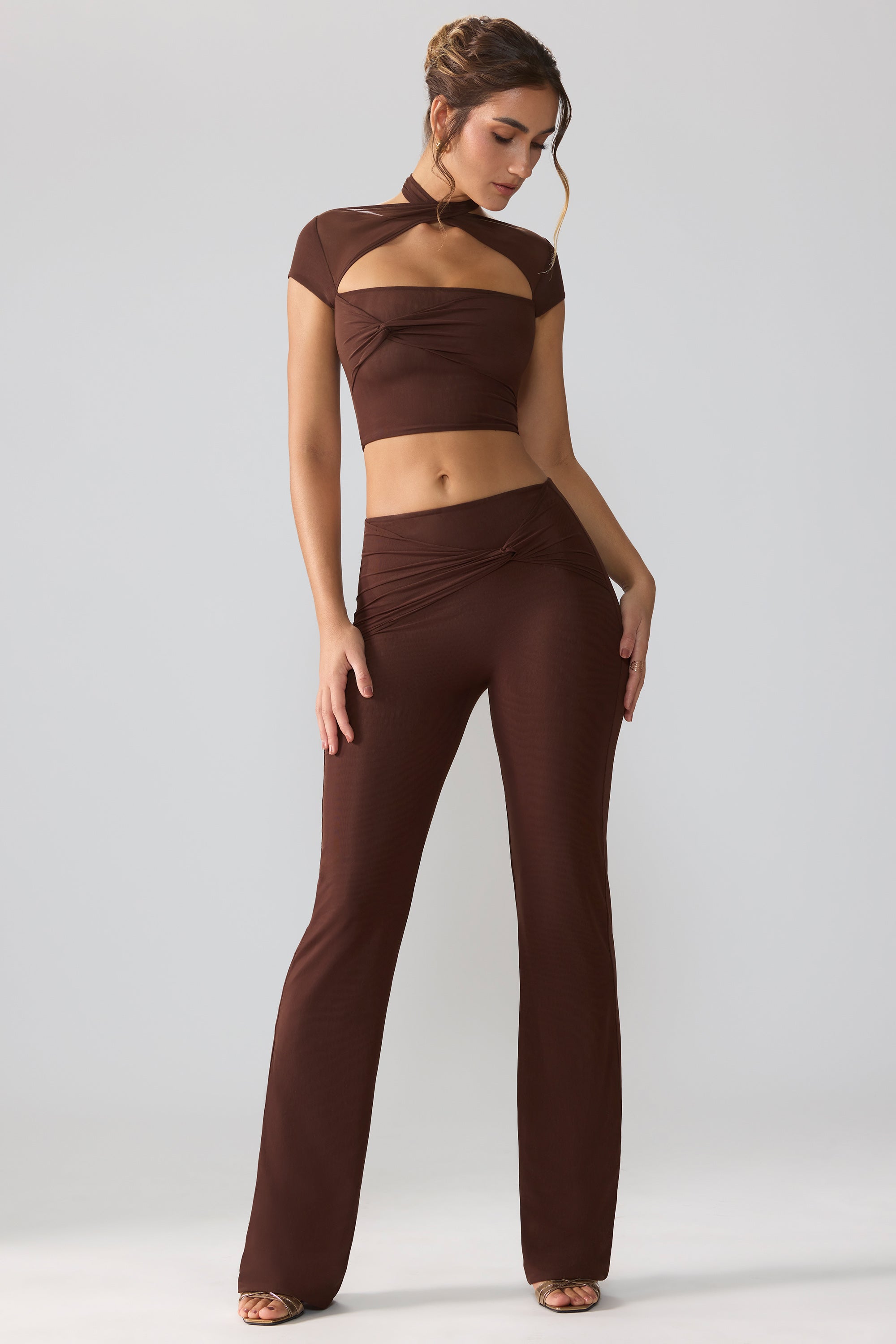 Ridley Mesh Mid Rise Twist Overlay Flare Trousers in Espresso - Image 4