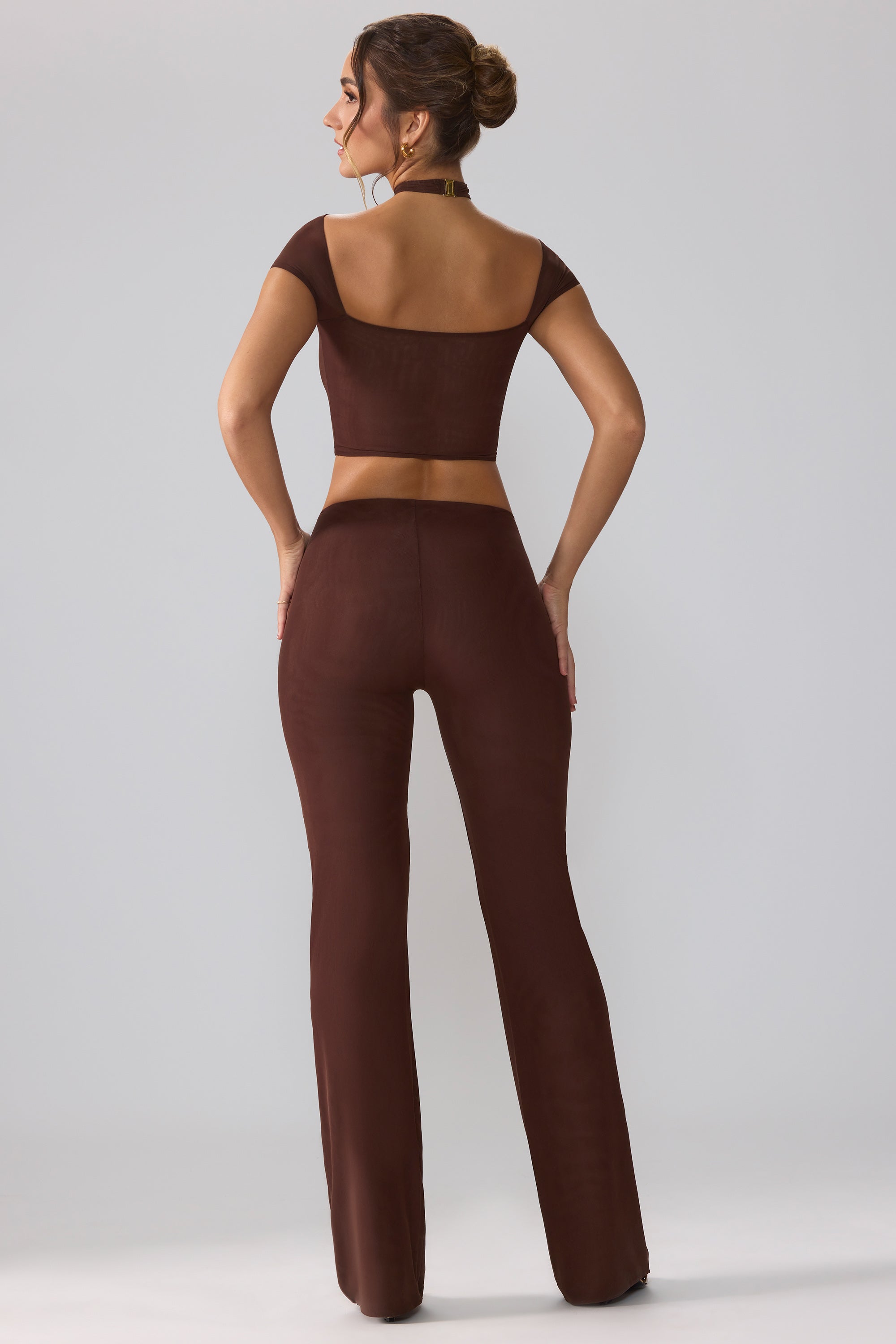 Ridley Mesh Mid Rise Twist Overlay Flare Trousers in Espresso - Image 2