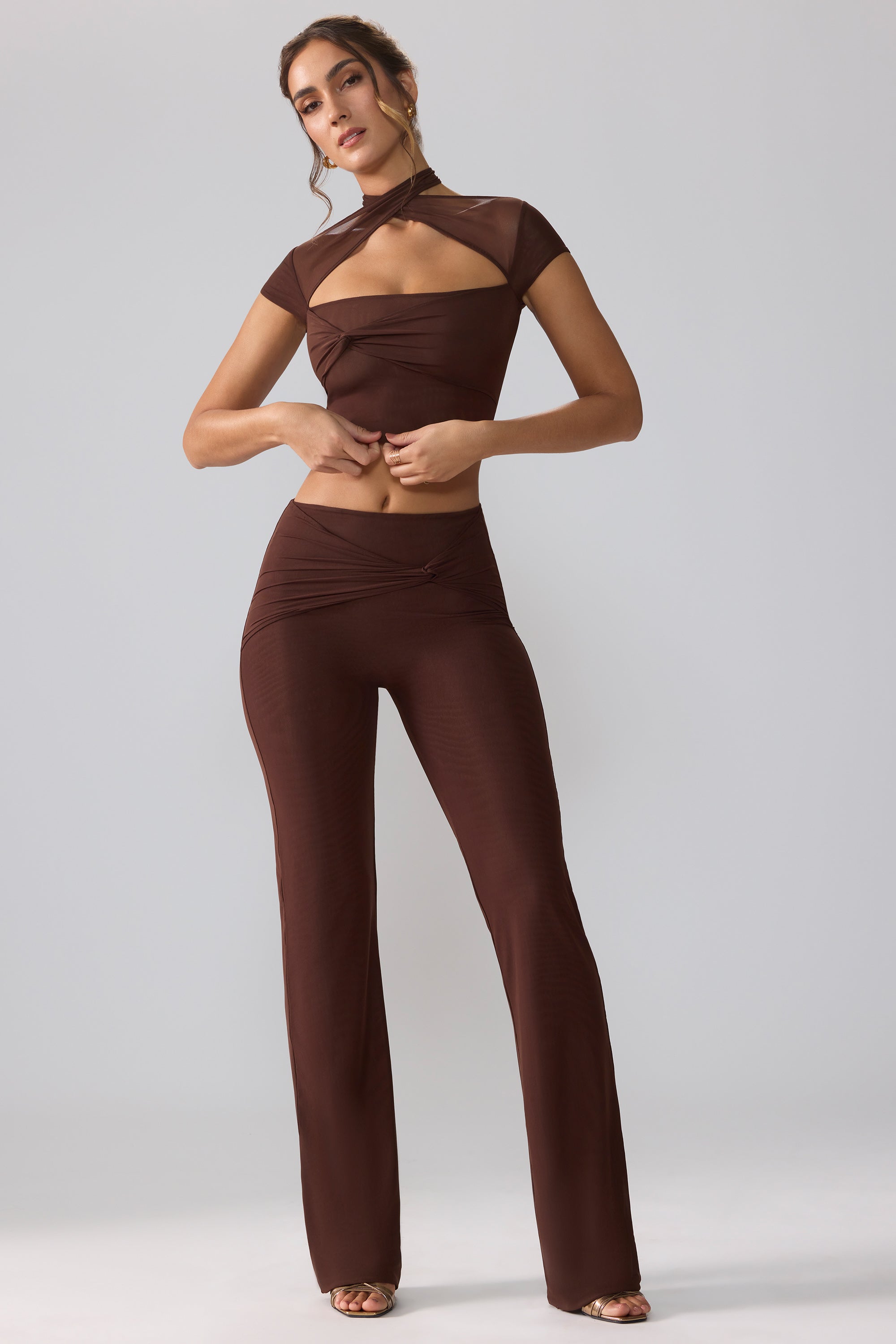 Ridley Mesh Mid Rise Twist Overlay Flare Trousers in Espresso - Image 5