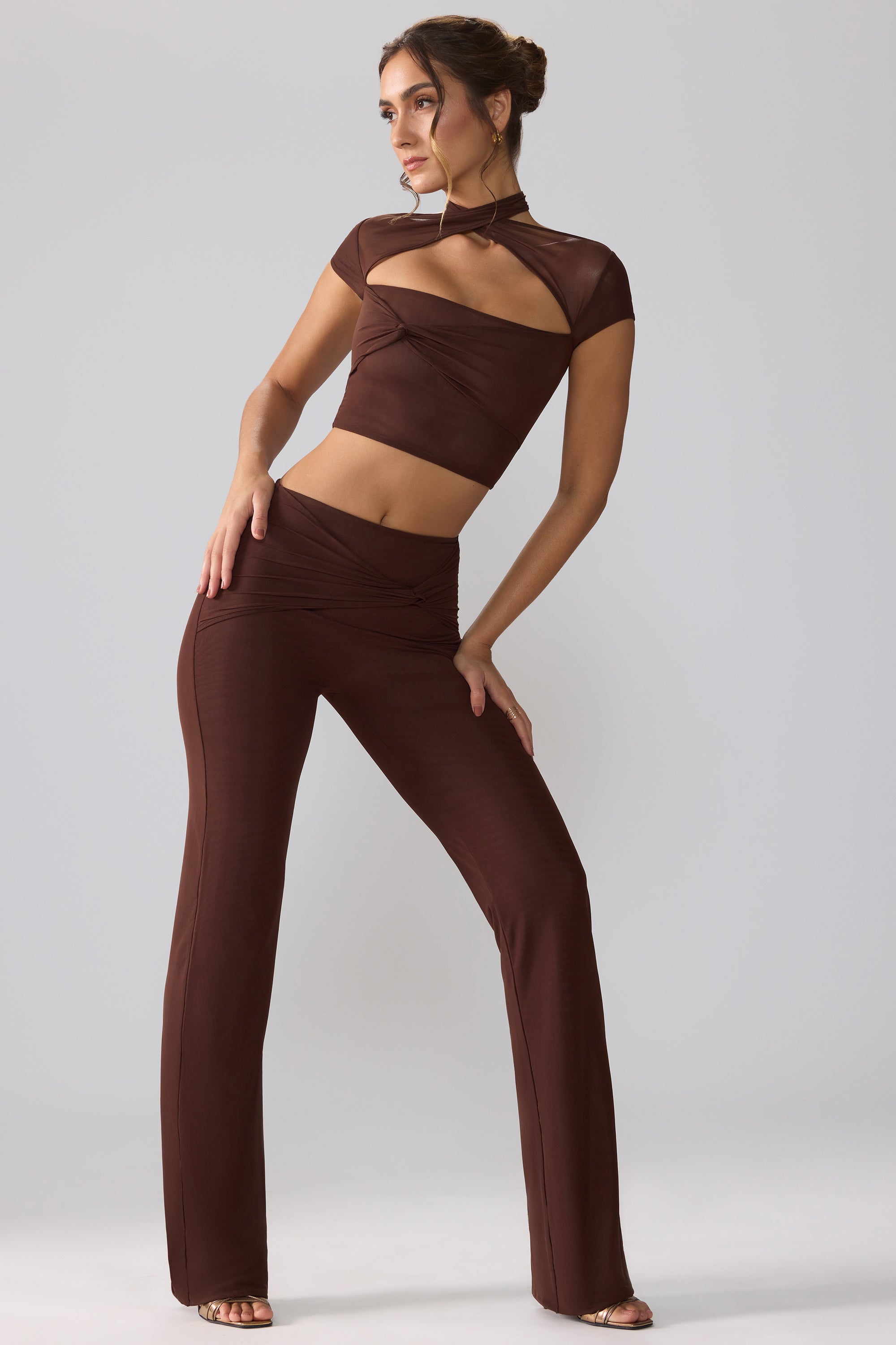 Ridley Mesh Mid Rise Twist Overlay Flare Trousers in Espresso - Image 6