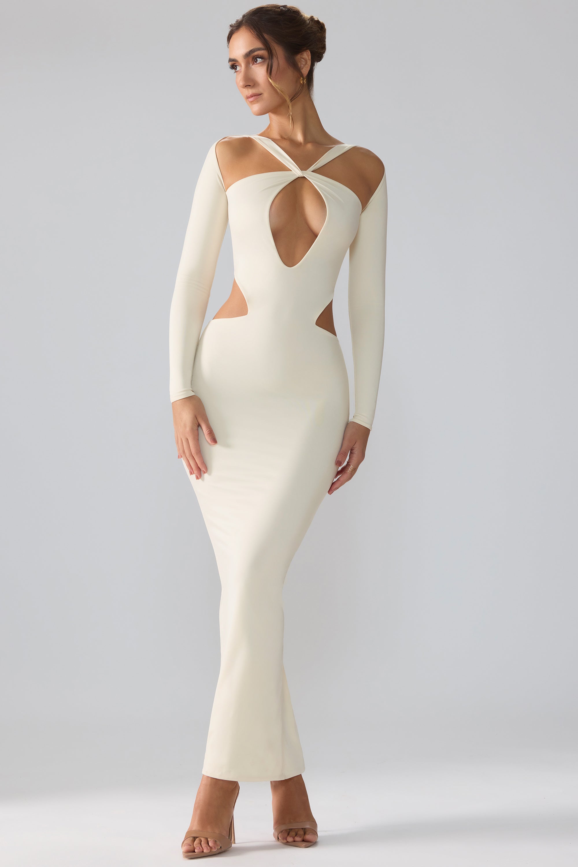 Tindra Premium Jersey Long Sleeve Cut Out Maxi Dress in Ivory