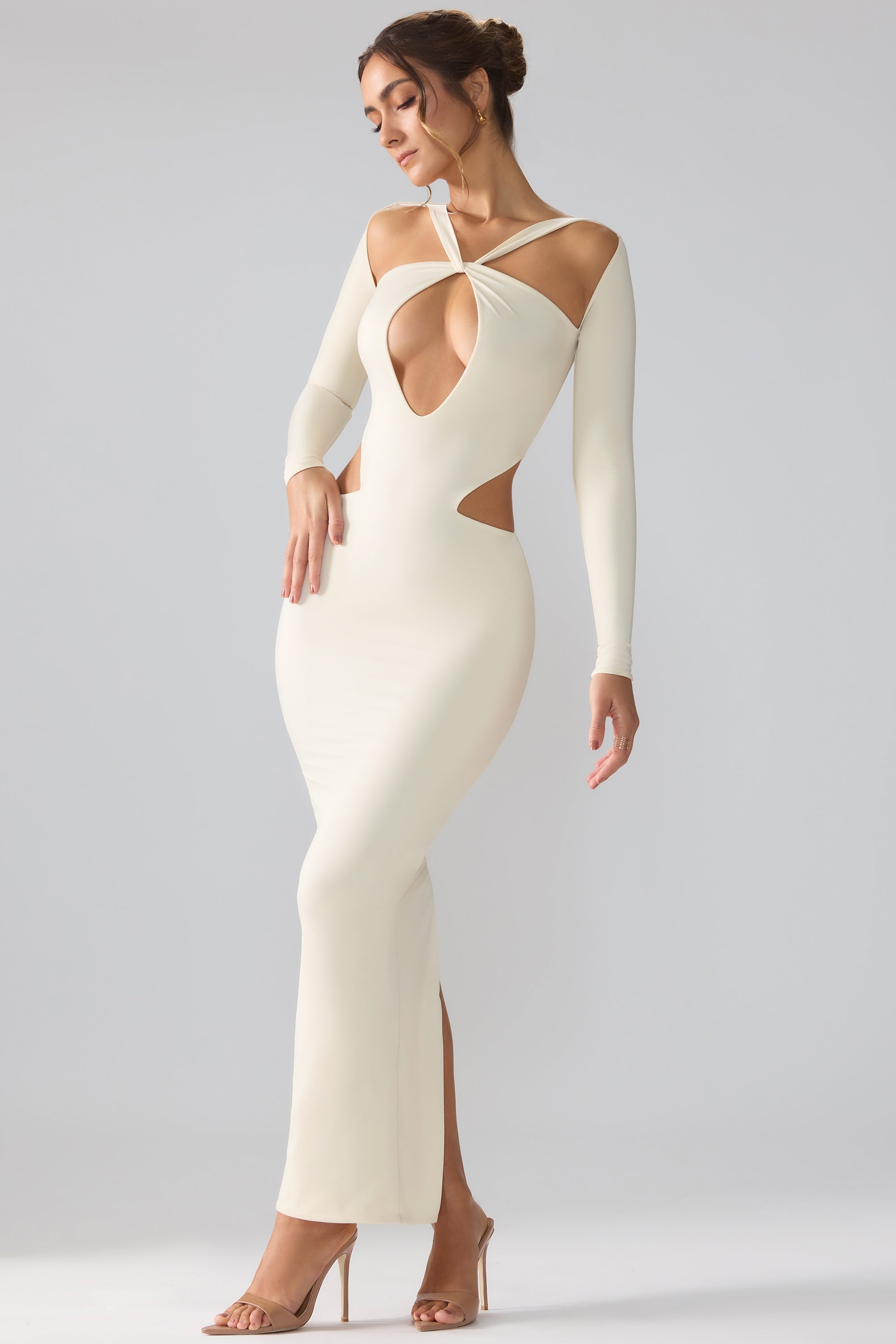 Tindra Premium Jersey Long Sleeve Cut Out Maxi Dress in Ivory - Image 7