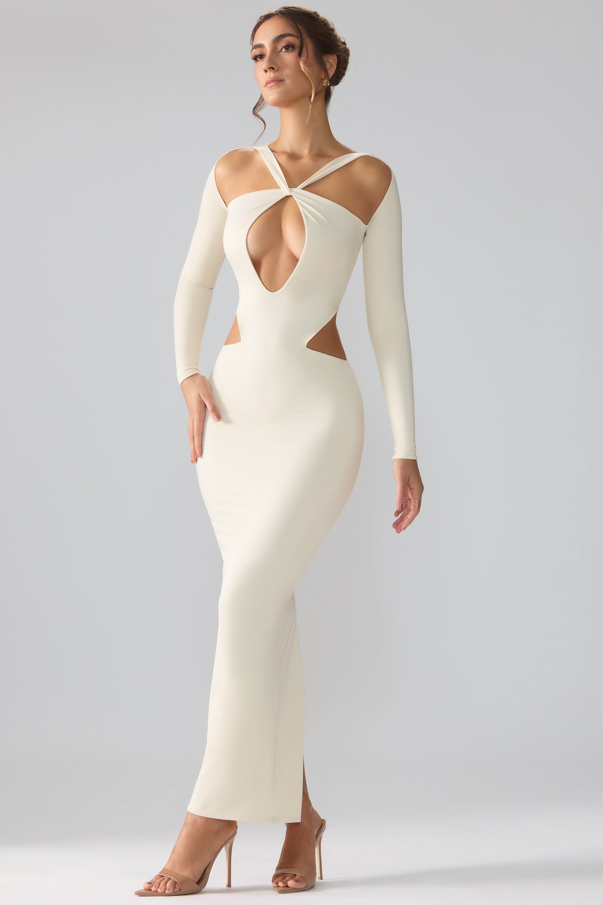 Tindra Premium Jersey Long Sleeve Cut Out Maxi Dress in Ivory - Image 8
