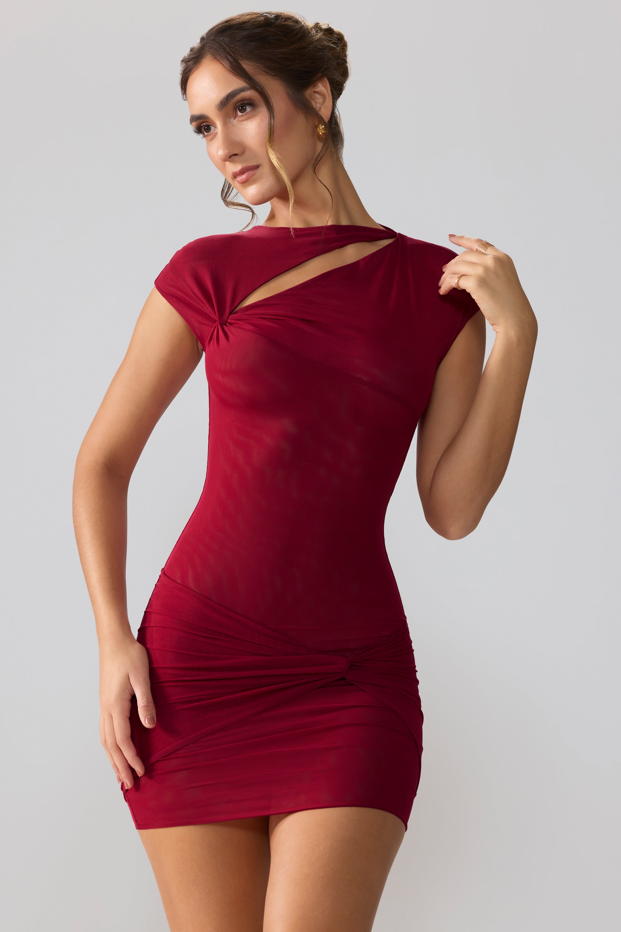 Aurelia Mesh Cap Sleeve Cut Out Mini Dress in Ruby - Image 8