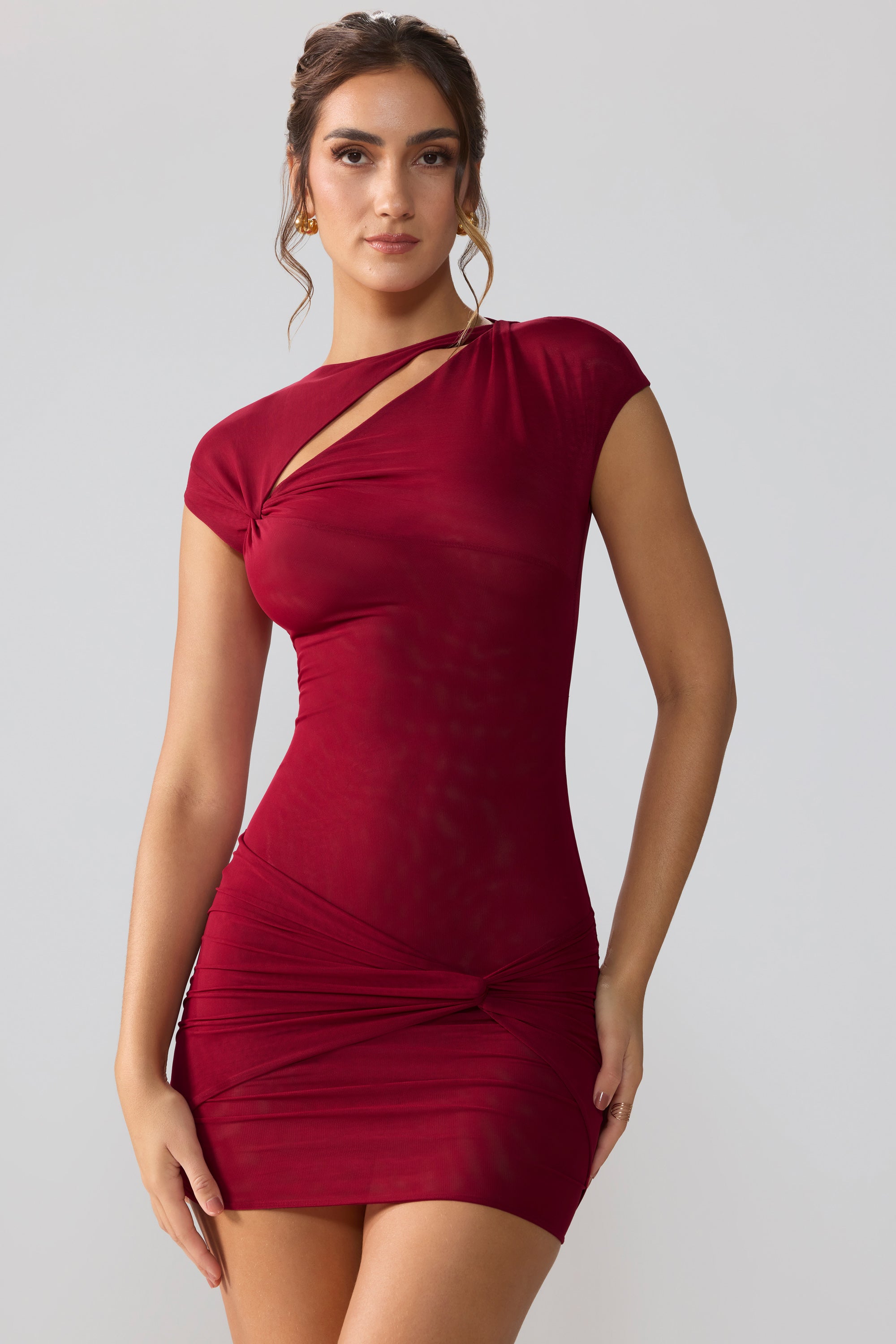 Aurelia Mesh Cap Sleeve Cut Out Mini Dress in Ruby