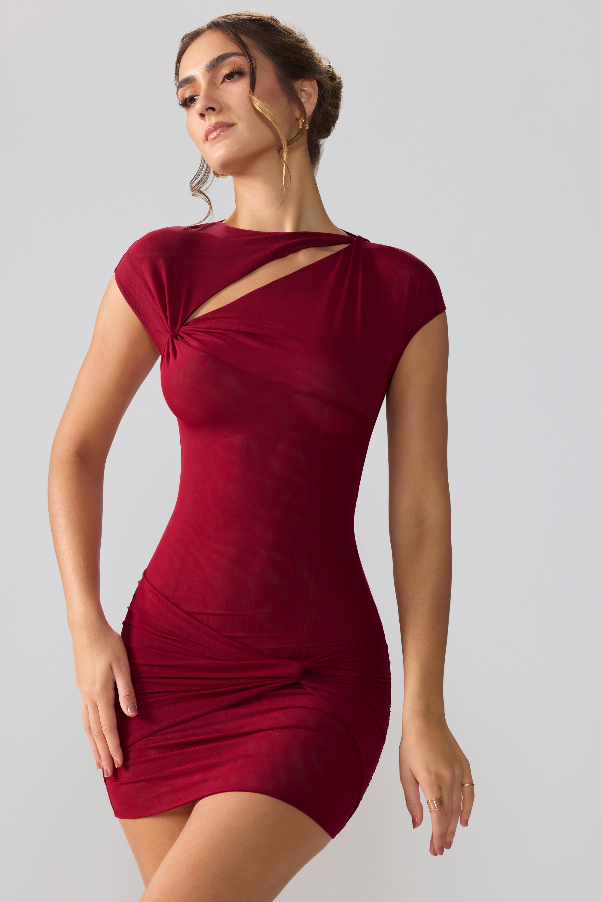 Aurelia Mesh Cap Sleeve Cut Out Mini Dress in Ruby - Image 9