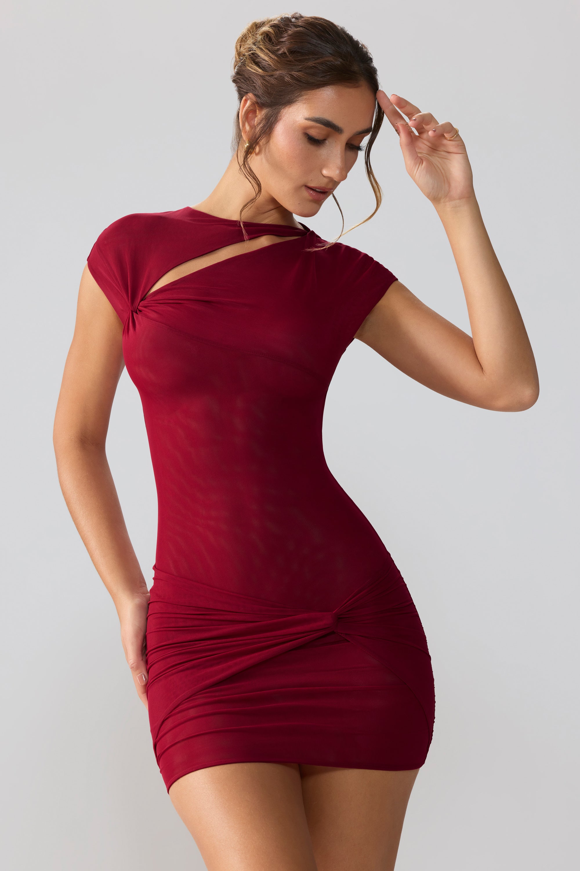Aurelia Mesh Cap Sleeve Cut Out Mini Dress in Ruby - Image 10