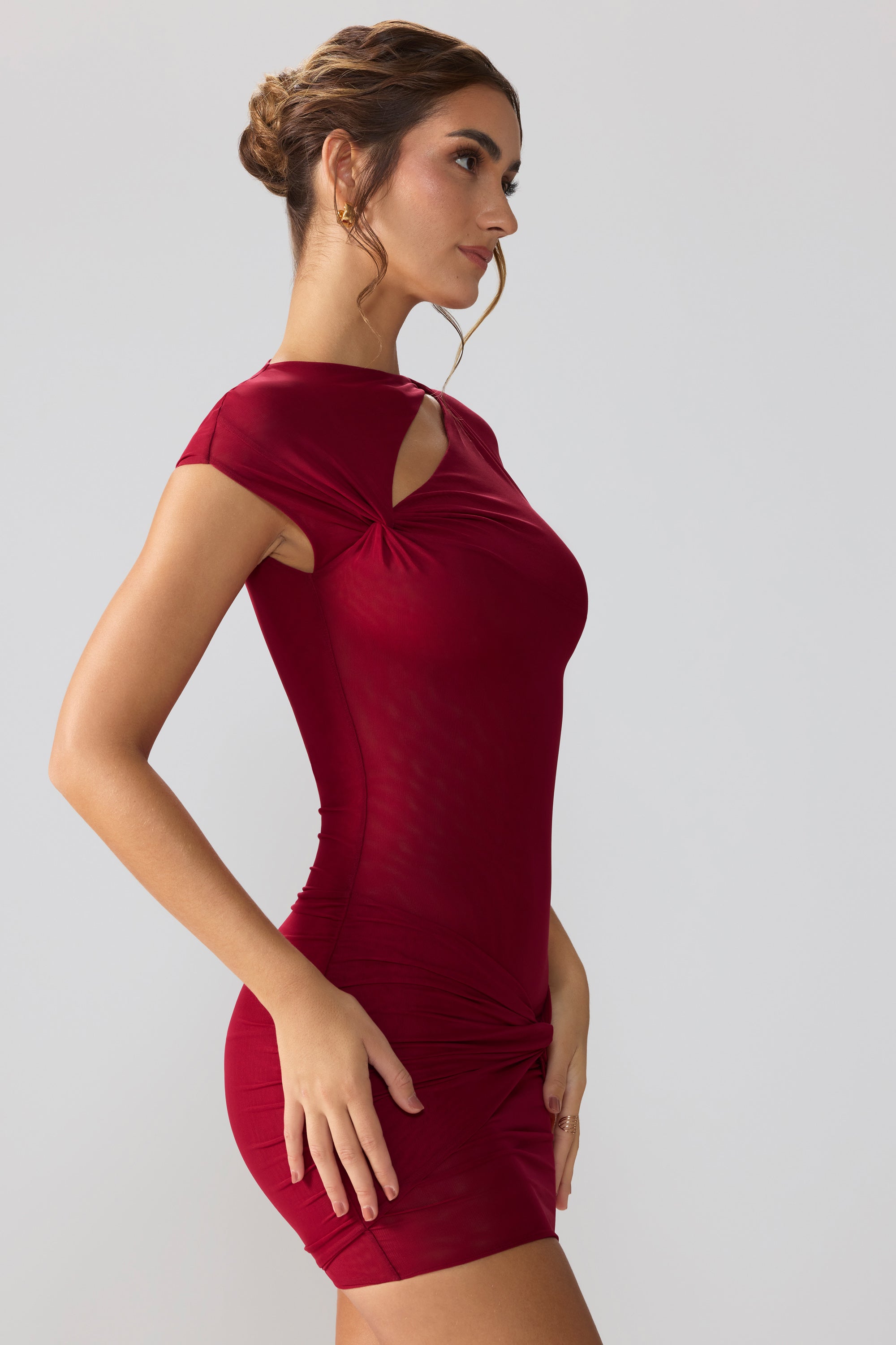 Aurelia Mesh Cap Sleeve Cut Out Mini Dress in Ruby - Image 3